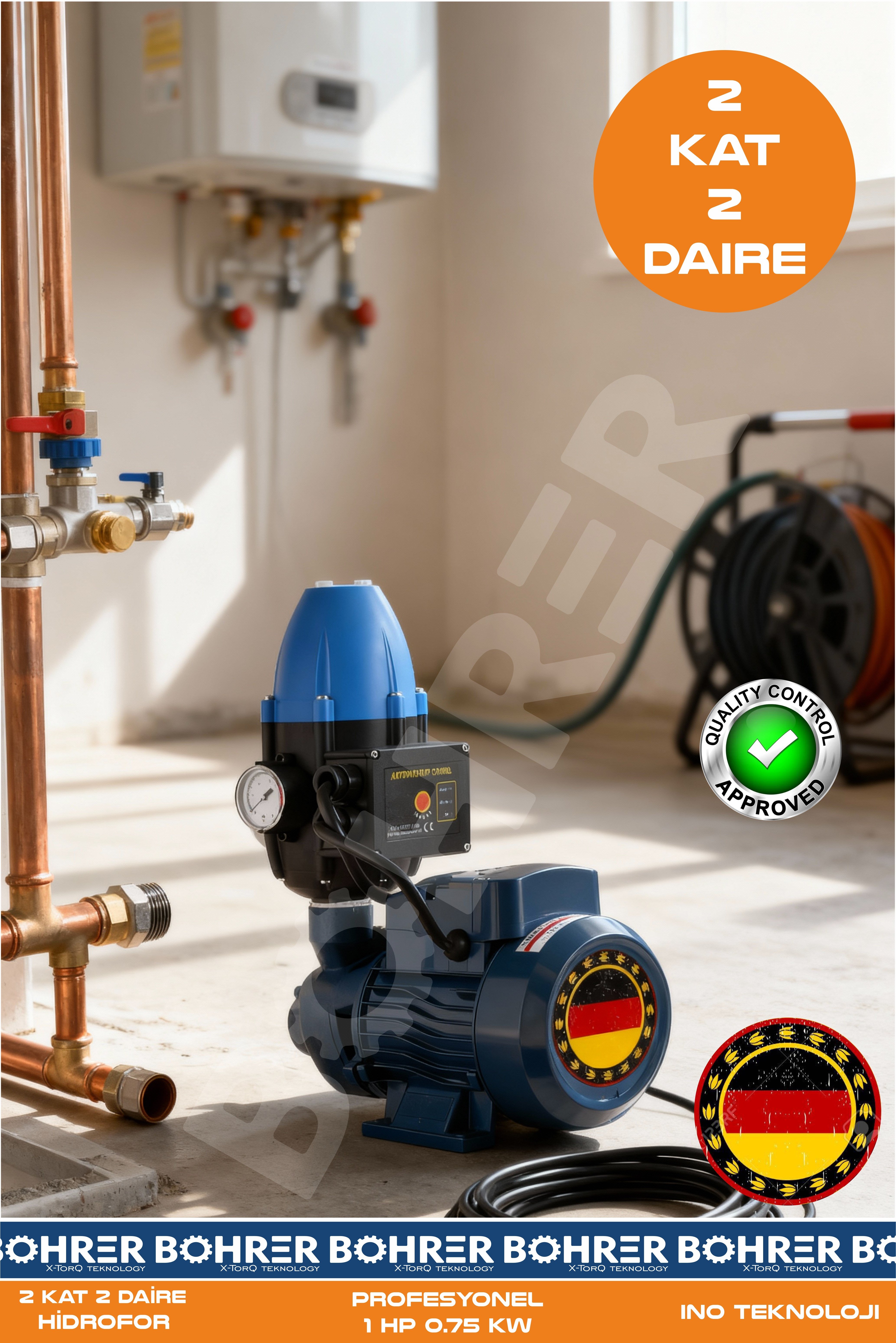 QB60 0.55 HP 0.37KW + HİDROMAT - OTOMATİK AÇ KAPA BAHÇE BİNA HİDROFORU - 2 KAT 2 DAİRE