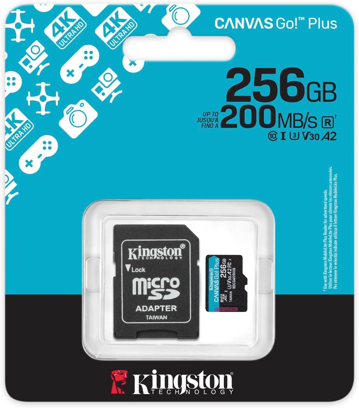 KINGSTON 256GB CanvasGo+ microSDXC 200MB/s A2 U3 V30 Card + Adaptör