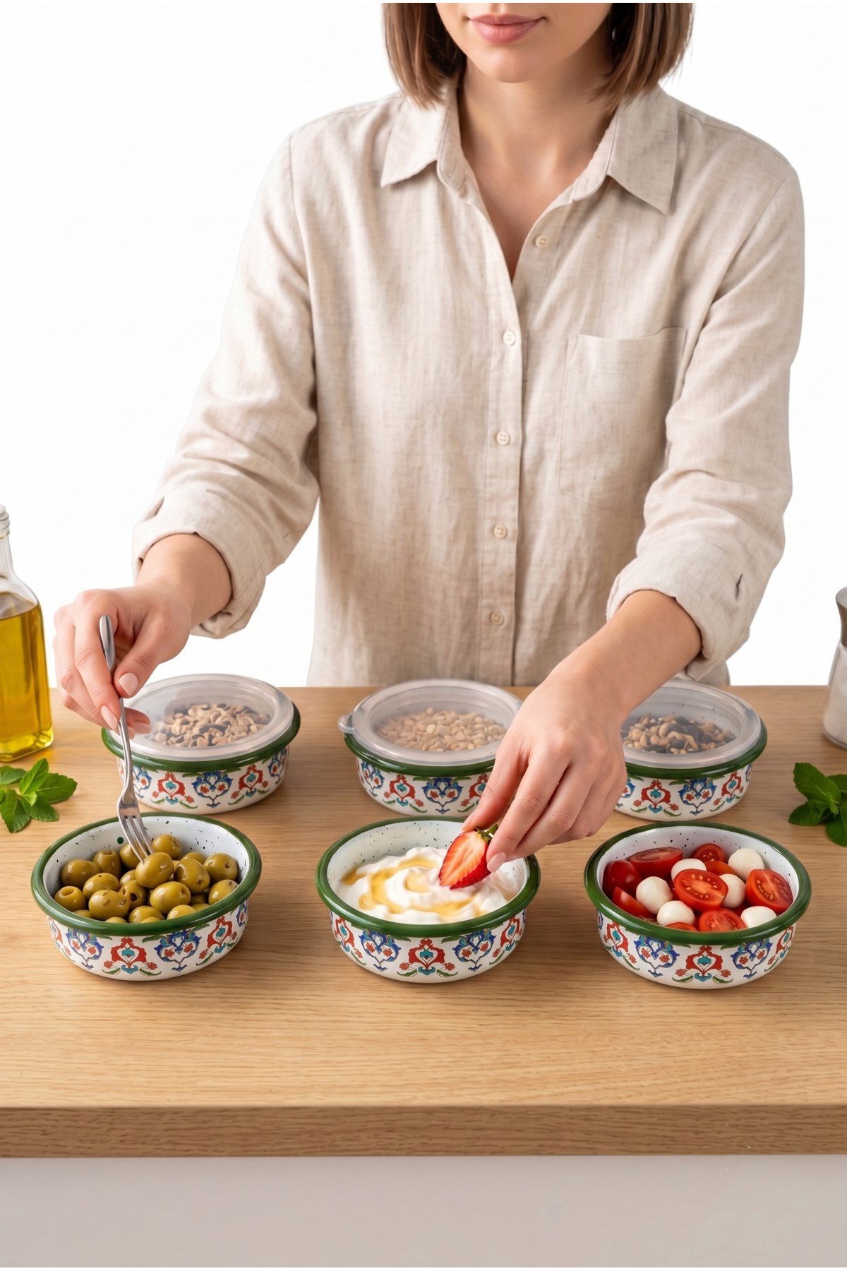 12 Parça 6 lı Emaye Kapaklı Kahvaltı Seti, Kahvaltı Tabağı, Sunum, Zeytin, Reçellik, Peynir Tabağı, Hediye, Çeyiz