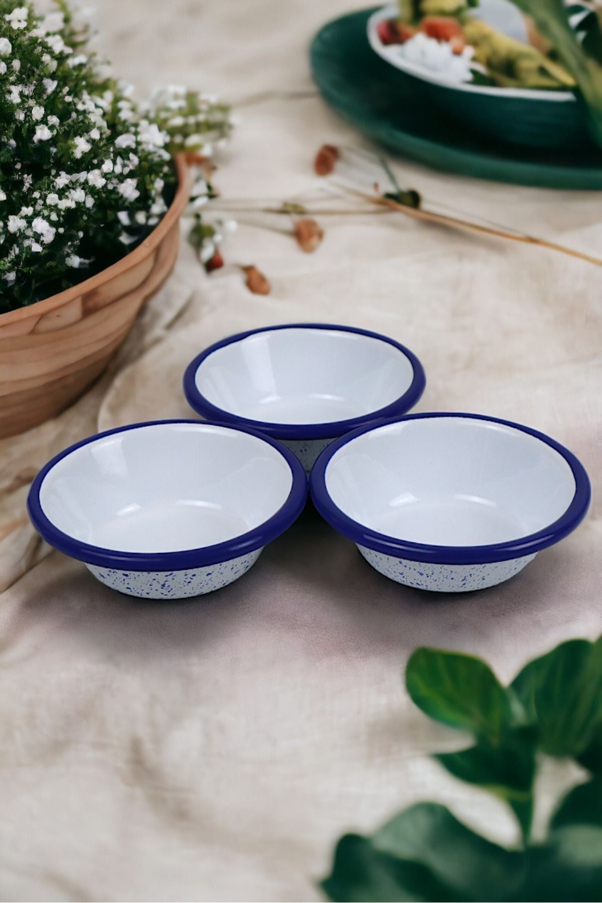 3 Parça 10Cm Emaye Konik Tabak Set , Kahvaltı Tabağı, Reçellik, Zeytin, Peynir Tabağı, Çeyiz, Hediye