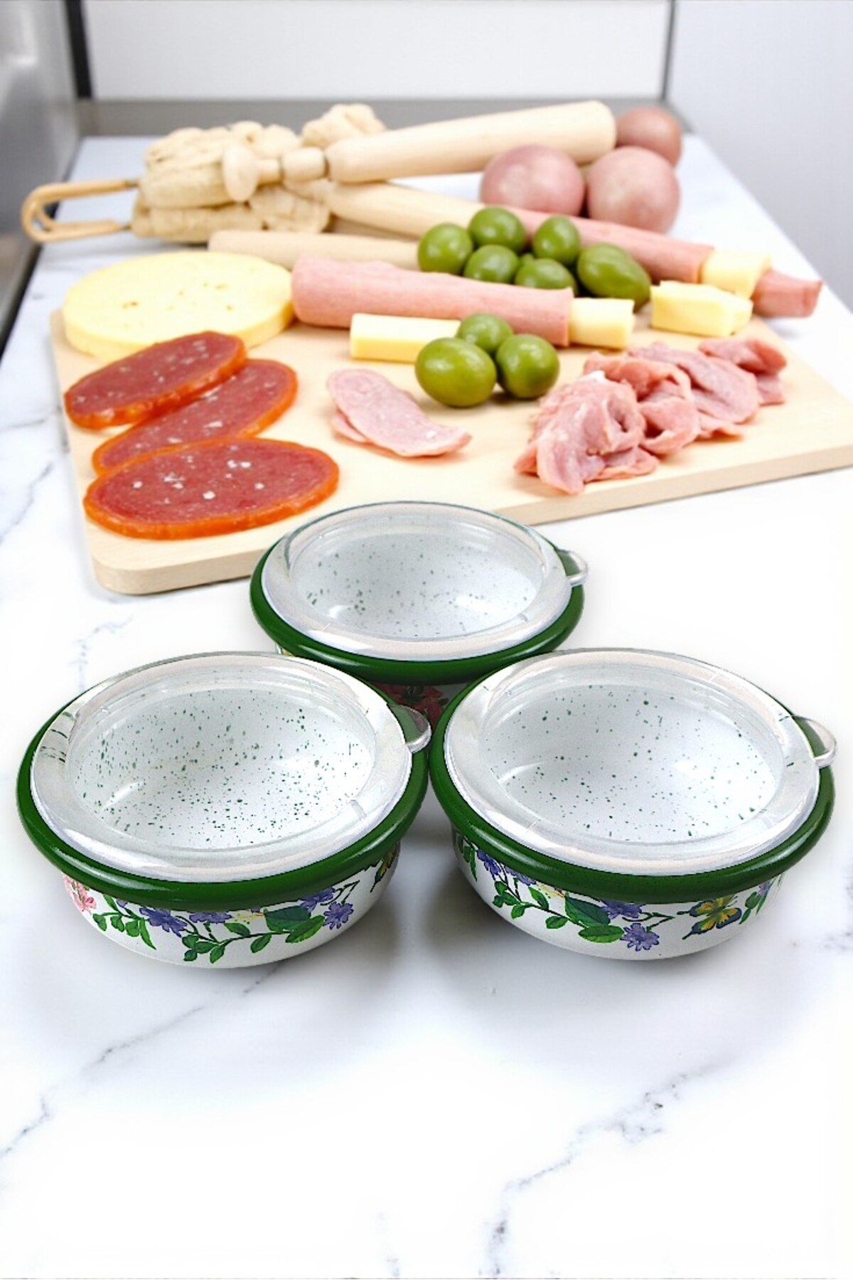 3 Parça Orta Boy,kapaklı,Desenli Emaye Kahvaltı Seti,Sunum,Kahvaltı Tabağı, Reçellik,Zeytin