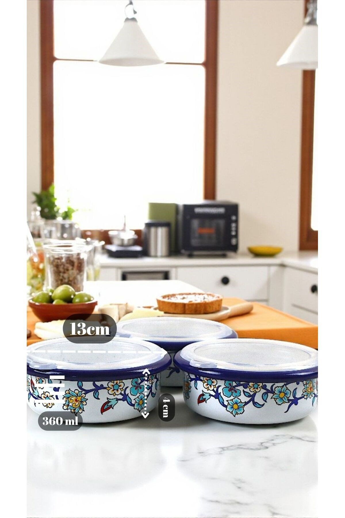 3 Parça Orta Boy,kapaklı,Desenli Emaye Kahvaltı Seti,Sunum,Kahvaltı Tabağı, Reçellik,Zeytin
