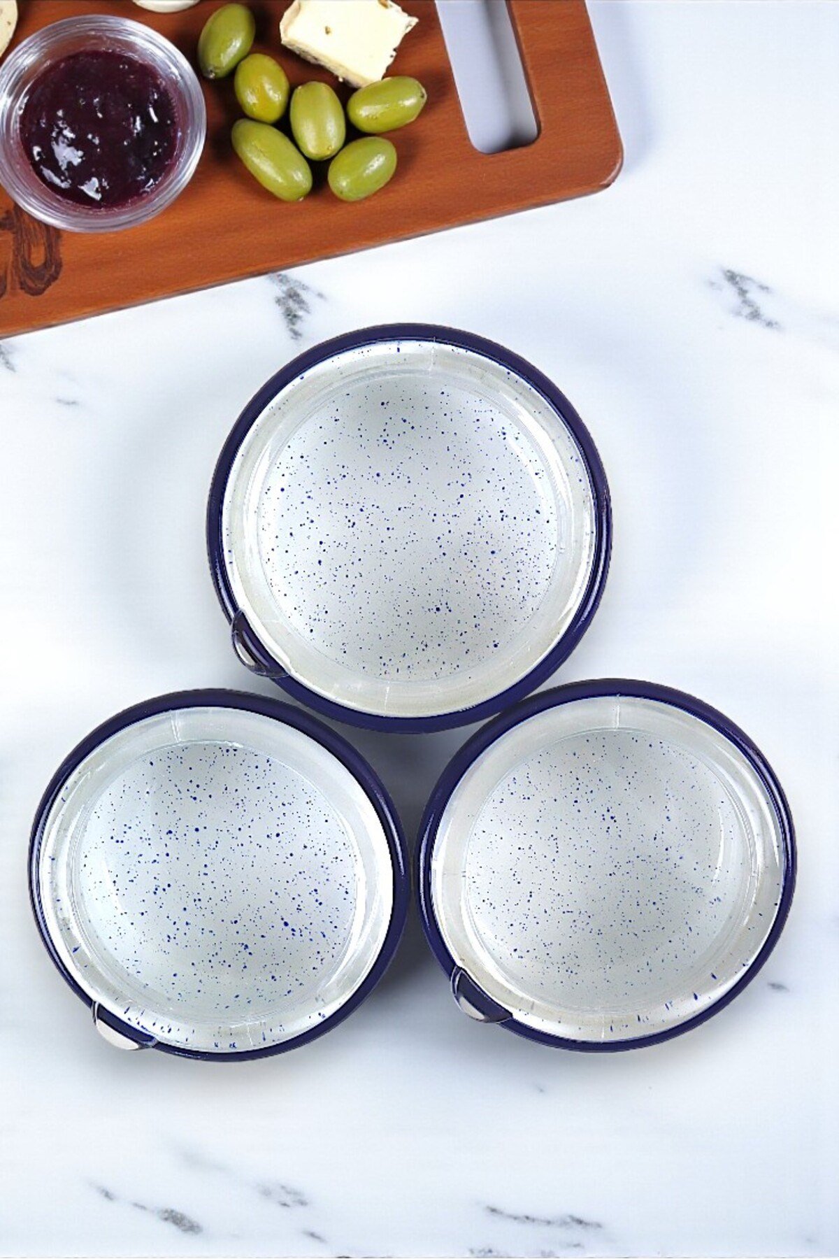 3 Parça Orta Boy,kapaklı,Desenli Emaye Kahvaltı Seti,Sunum,Kahvaltı Tabağı, Reçellik,Zeytin