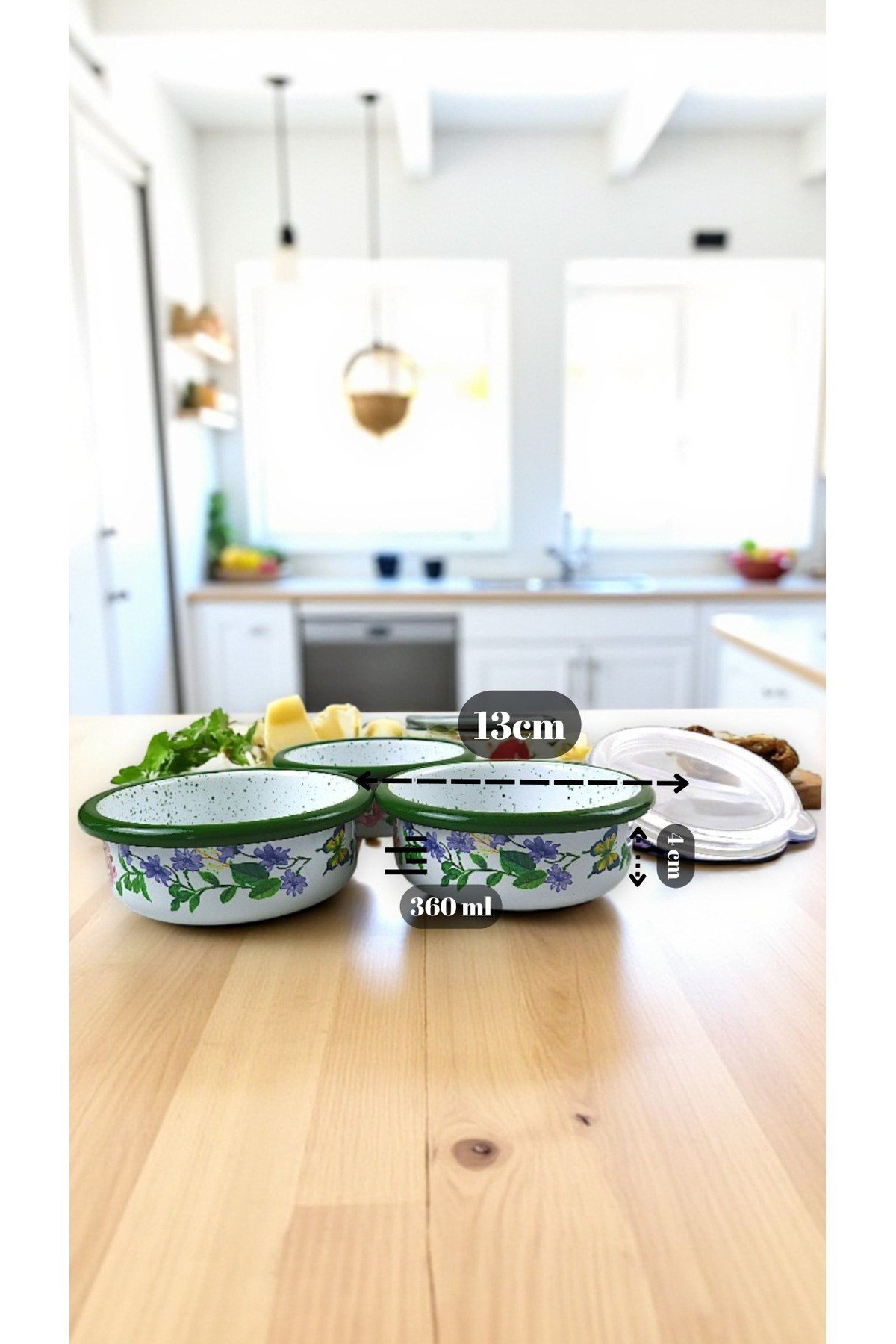 3 Parça Orta Boy,kapaklı,Desenli Emaye Kahvaltı Seti,Sunum,Kahvaltı Tabağı, Reçellik,Zeytin