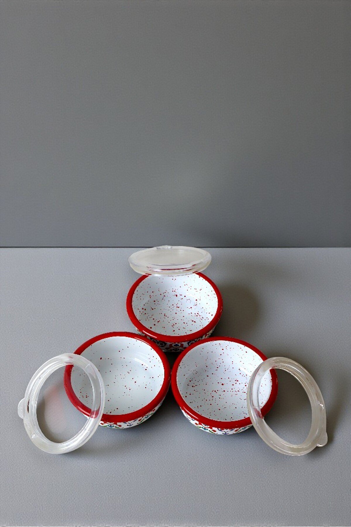 3 Parça Orta Boy,kapaklı,Desenli Emaye Kahvaltı Seti,Sunum,Kahvaltı Tabağı, Reçellik,Zeytin