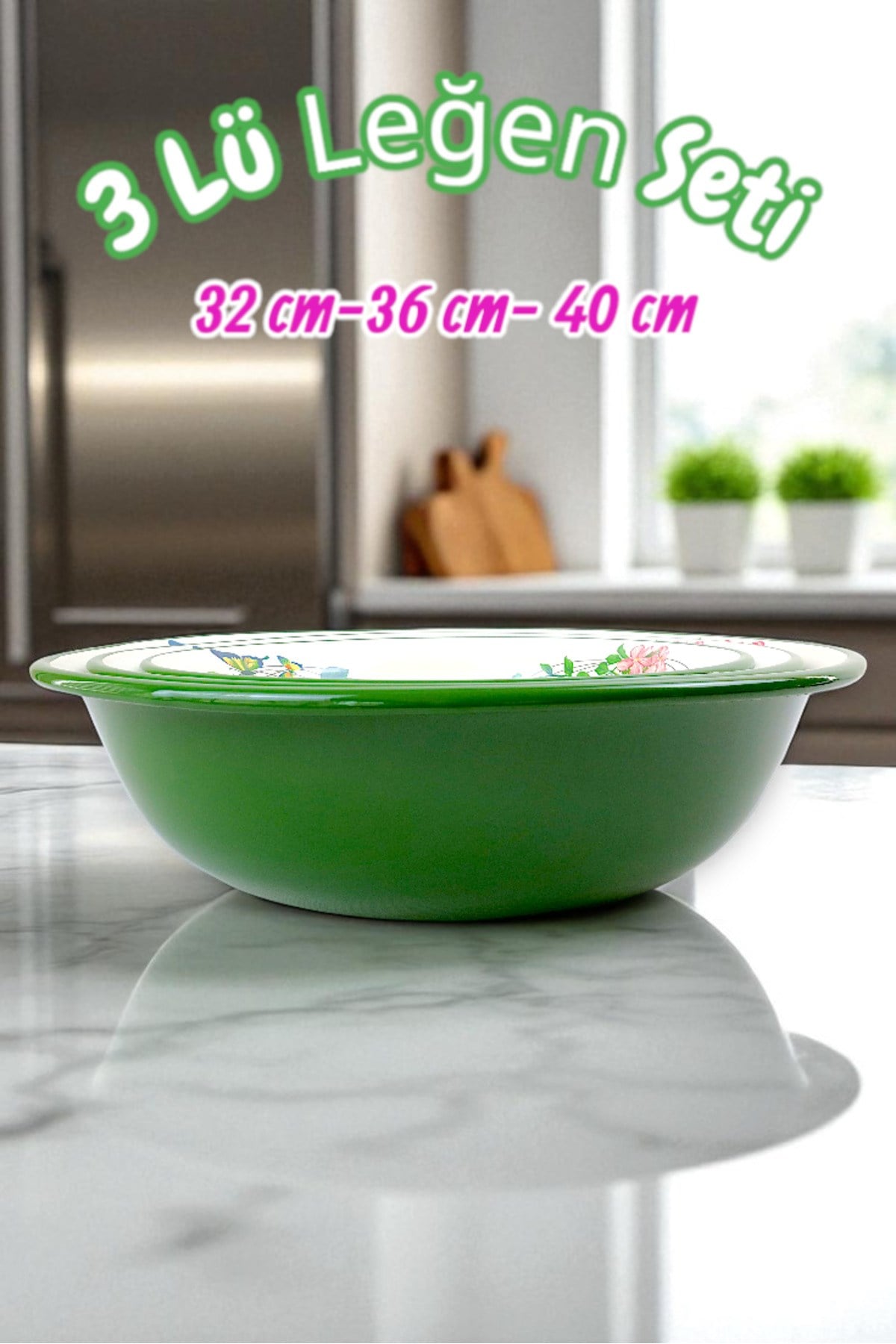 32 Cm-36 Cm-40 Cm 3 Lü Emaye Leğen Çırpma Ve Karıştırma Kabı, Hamur Leğeni,Meyvelik, Çeyiz, Hediye,