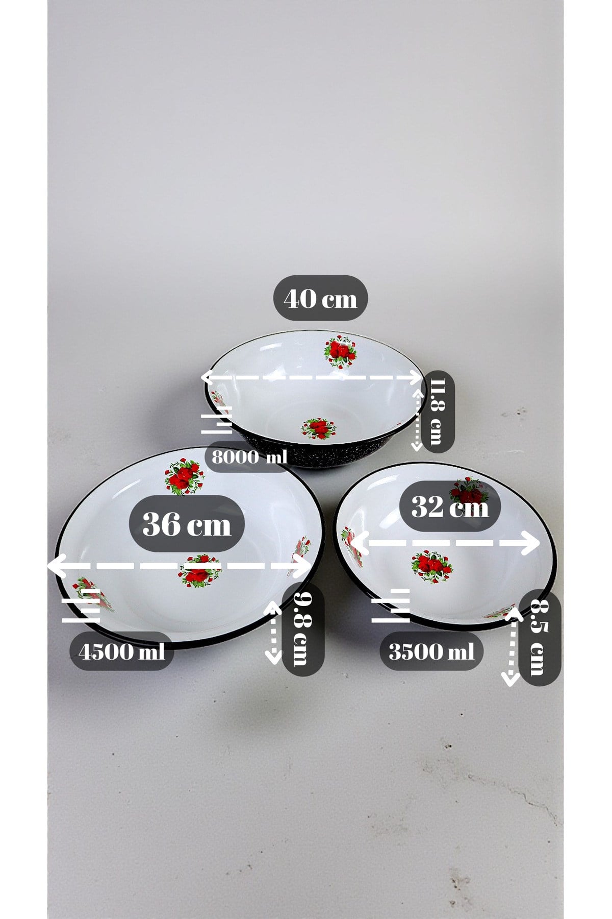32 Cm-36 Cm-40 Cm 3 Lü Emaye Leğen Çırpma Ve Karıştırma Kabı, Hamur Leğeni,Meyvelik, Çeyiz, Hediye,