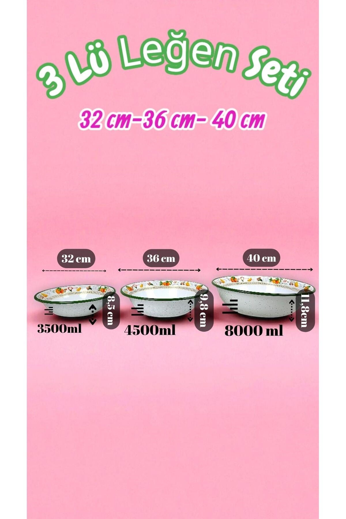 32 Cm-36 Cm-40 Cm 3 Lü Emaye Leğen Çırpma Ve Karıştırma Kabı, Hamur Leğeni,Meyvelik, Çeyiz, Hediye,
