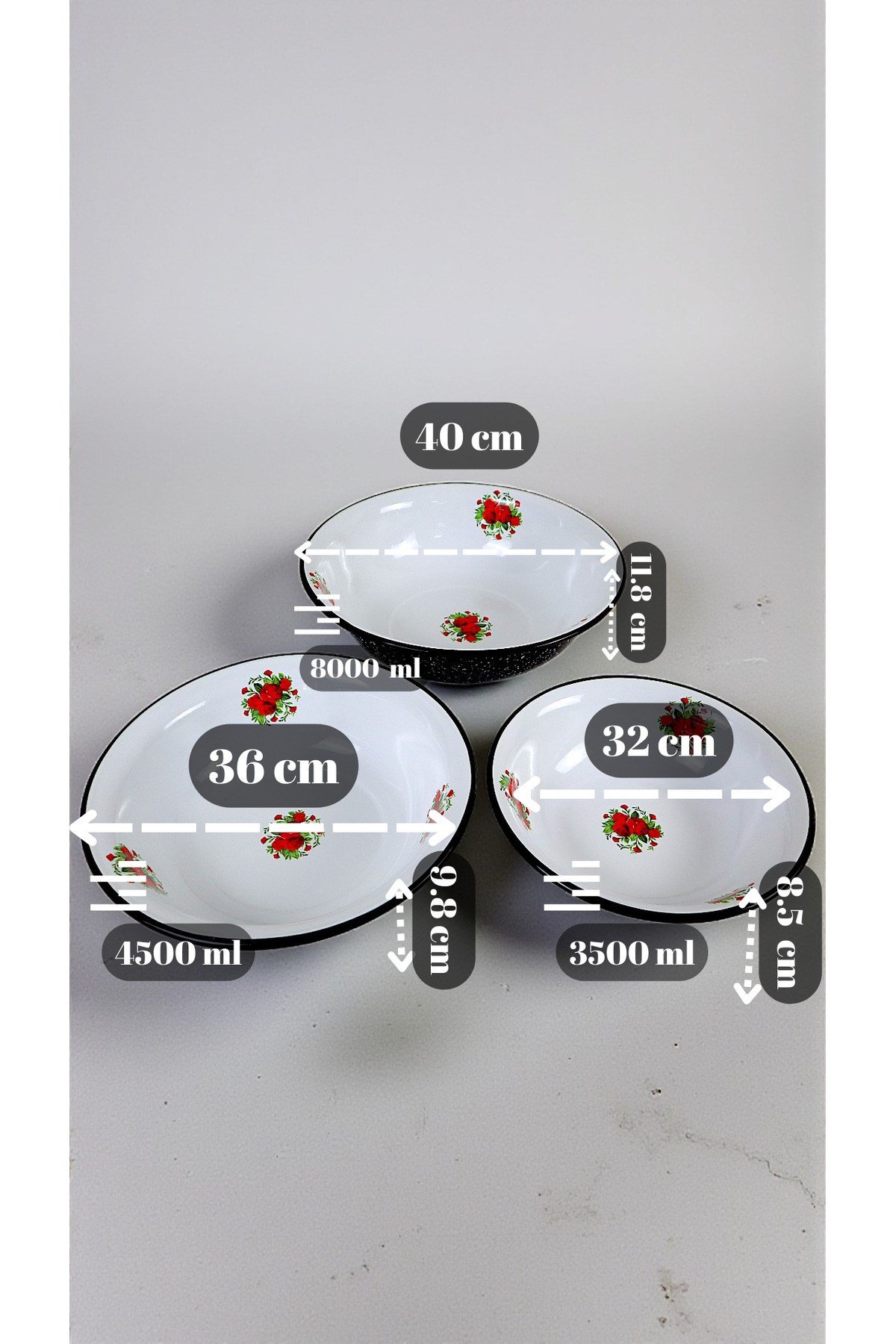 32 Cm-36 Cm-40 Cm 3 Lü Emaye Leğen Çırpma Ve Karıştırma Kabı, Hamur Leğeni,Meyvelik, Çeyiz, Hediye,