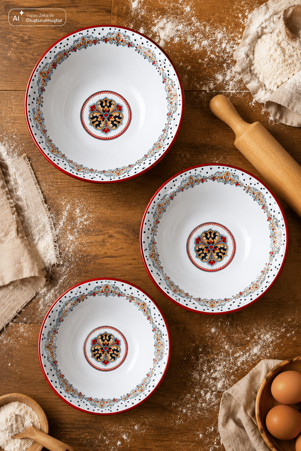 32 Cm-36 Cm-40 Cm 3 Lü Emaye Leğen Çırpma Ve Karıştırma Kabı, Hamur Leğeni,Meyvelik, Çeyiz, Hediye