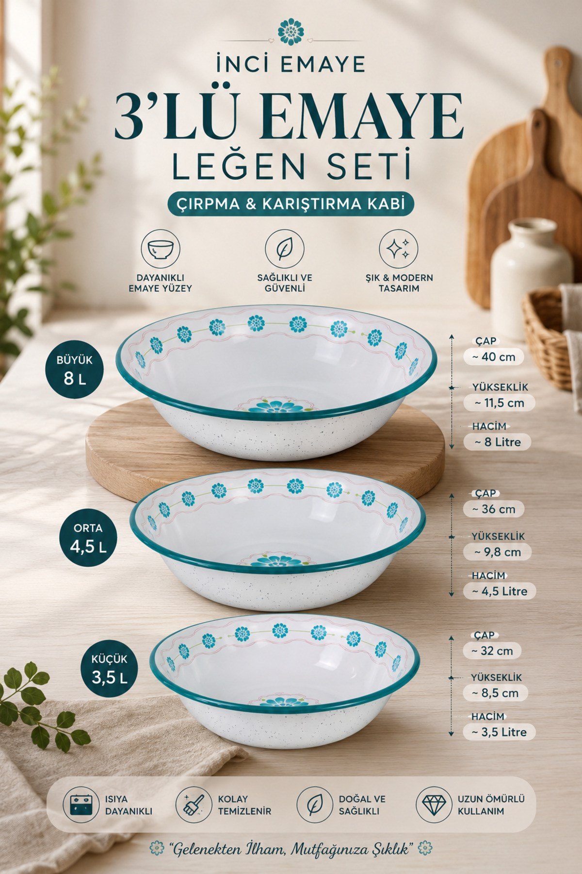 32 Cm-36 Cm-40 Cm 3 Lü Emaye Leğen Çırpma Ve Karıştırma Kabı, Hamur Leğeni,Meyvelik, Çeyiz, Hediye,