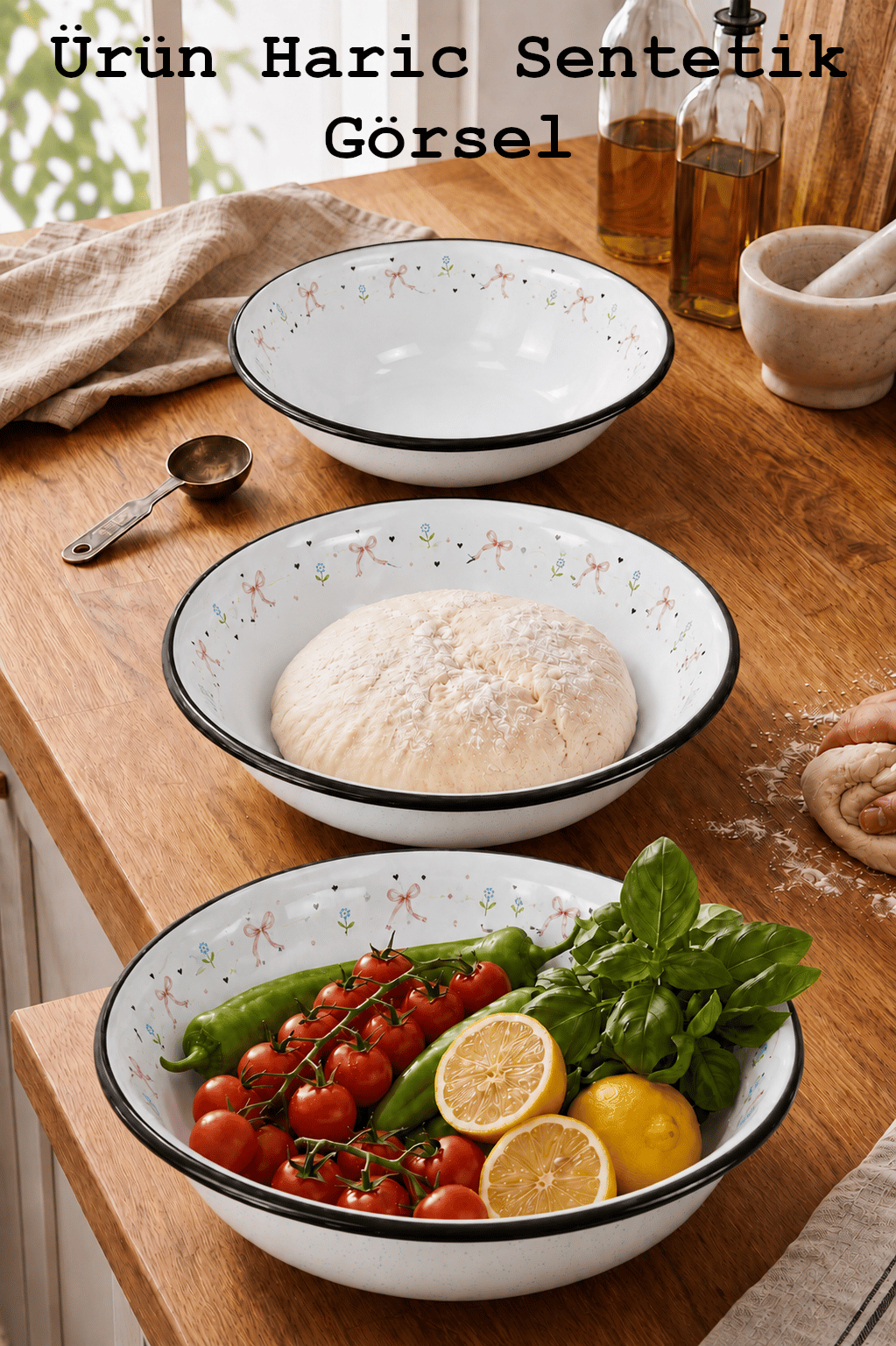 32 Cm-36 Cm-40 Cm 3 Lü Emaye Leğen Çırpma Ve Karıştırma Kabı, Hamur Leğeni,Meyvelik, Çeyiz, Hediye,
