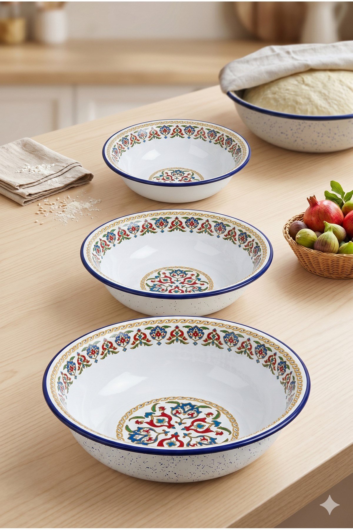 32 Cm-36 Cm-40 Cm 3 Lü Emaye Leğen Çırpma Ve Karıştırma Kabı, Hamur Leğeni,Meyvelik, Çeyiz, Hediye,
