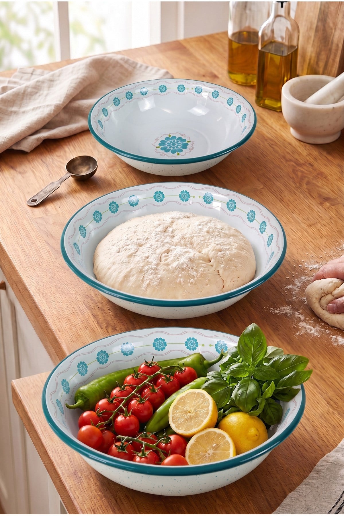 32 Cm-36 Cm-40 Cm 3 Lü Emaye Leğen Çırpma Ve Karıştırma Kabı, Hamur Leğeni,Meyvelik, Çeyiz, Hediye,