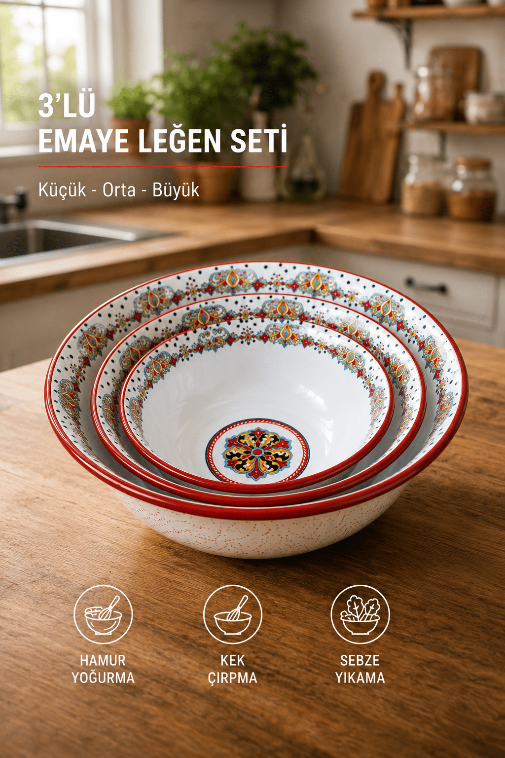 32 Cm-36 Cm-40 Cm 3 Lü Emaye Leğen Çırpma Ve Karıştırma Kabı, Hamur Leğeni,Meyvelik, Çeyiz, Hediye