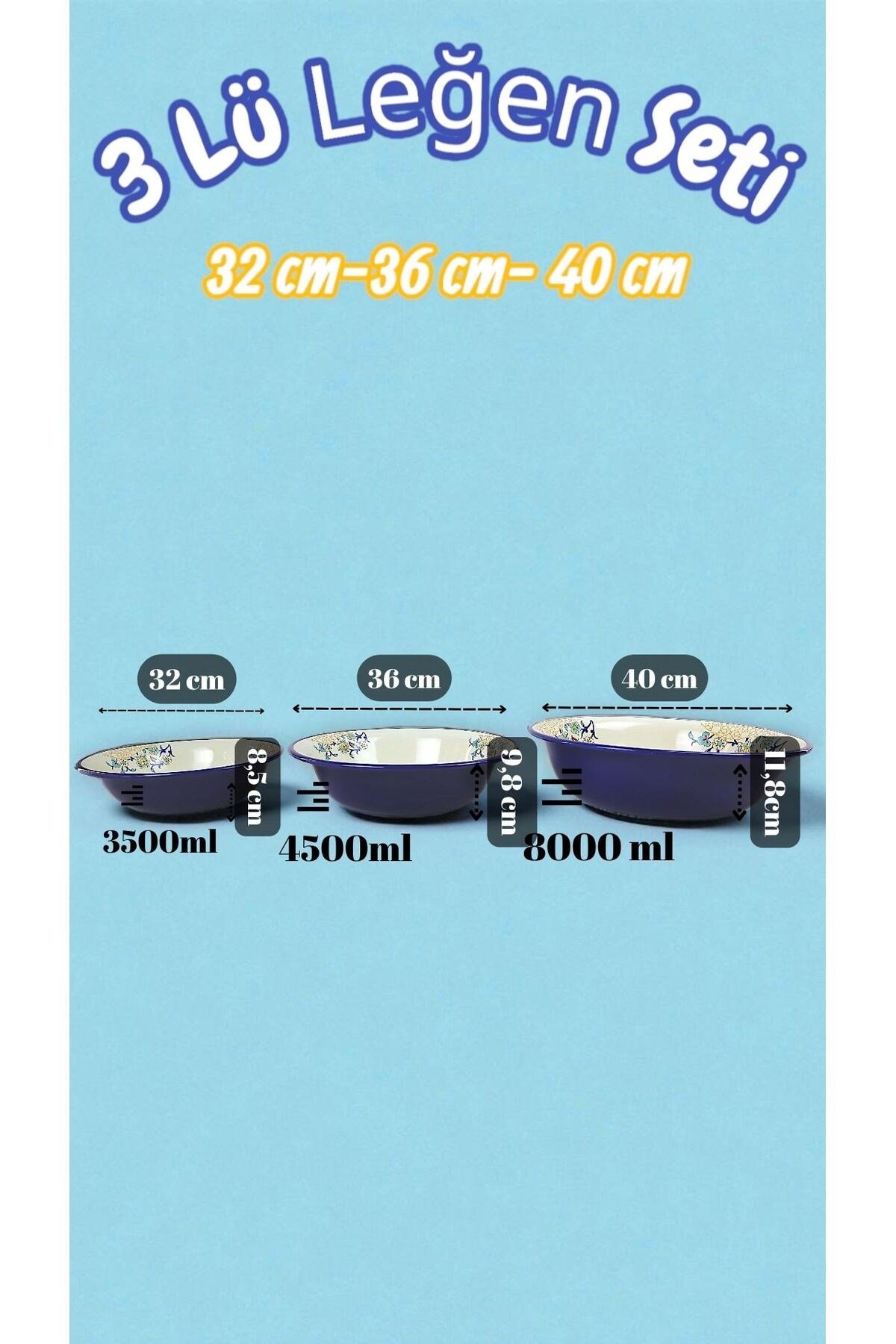 32 Cm-36 Cm-40 Cm 3 Lü Emaye Leğen Çırpma Ve Karıştırma Kabı, Hamur Leğeni,Meyvelik, Çeyiz, Hediye,