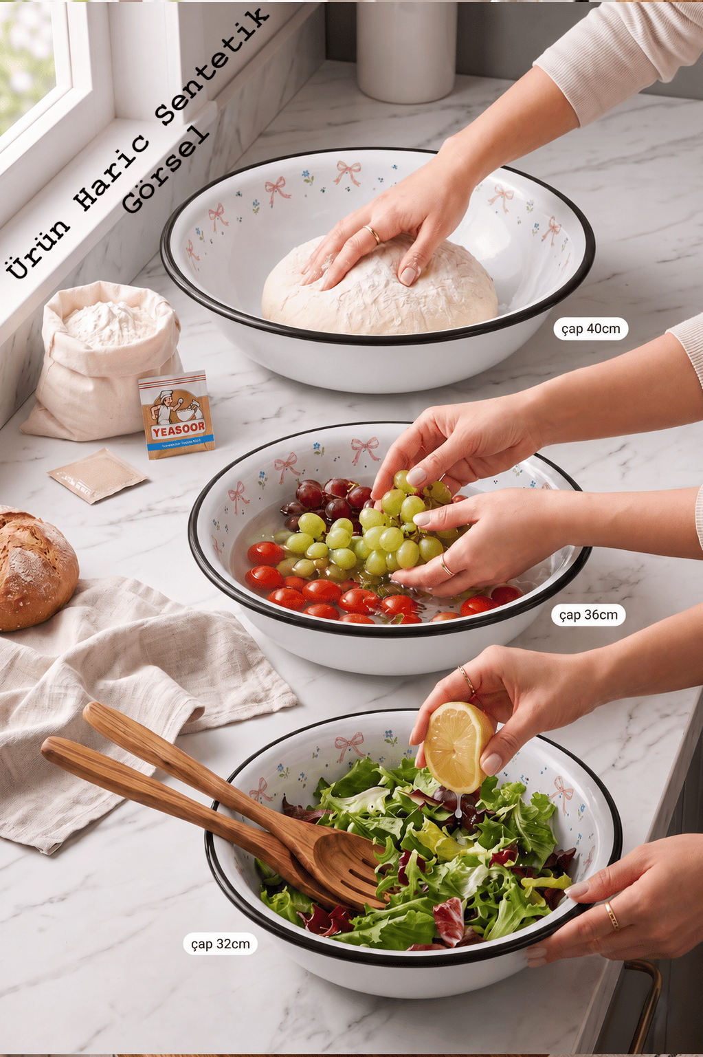 32 Cm-36 Cm-40 Cm 3 Lü Emaye Leğen Çırpma Ve Karıştırma Kabı, Hamur Leğeni,Meyvelik, Çeyiz, Hediye,