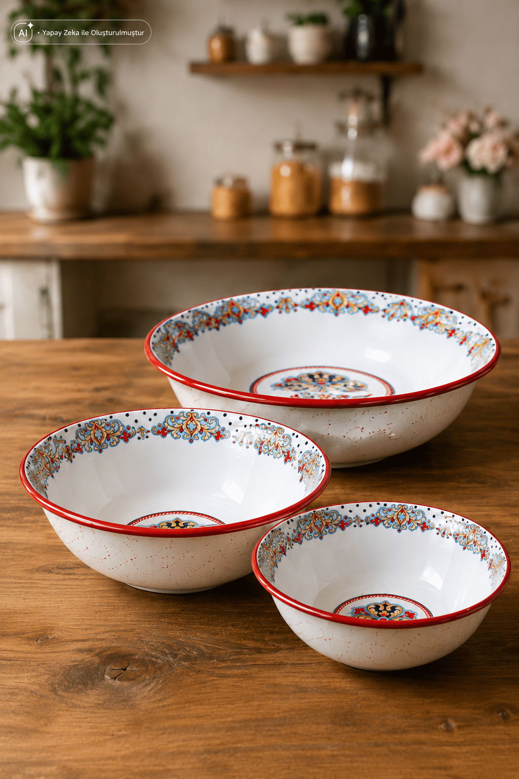 32 Cm-36 Cm-40 Cm 3 Lü Emaye Leğen Çırpma Ve Karıştırma Kabı, Hamur Leğeni,Meyvelik, Çeyiz, Hediye