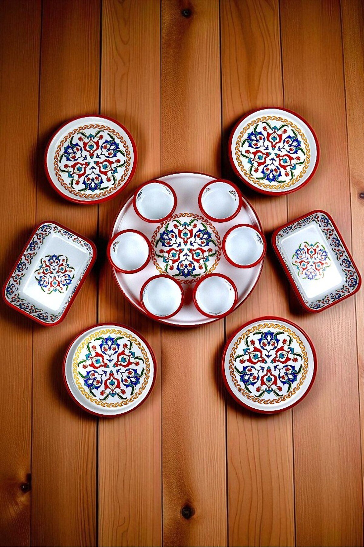4 Kişilik Orta Boy Desenli Emaye Kahvaltı Seti,Sunum,Kahvaltı Tabağı, Reçellik,Zeytin, Peynir Tabağı