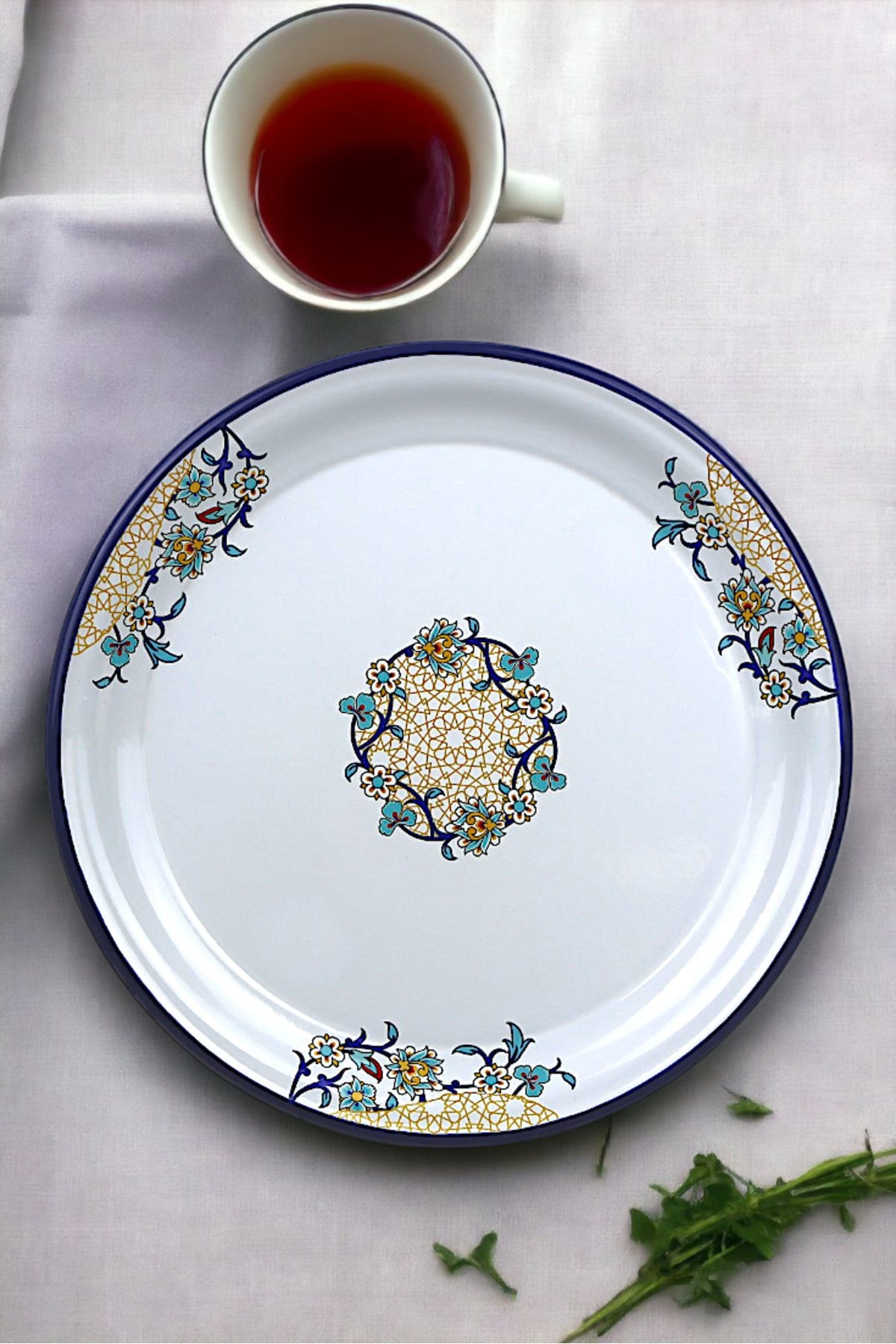 40 No Emaye Sini Sofra, Yemek Sunum Tepsi, Yer Sofrası Çinko ~38 Cm