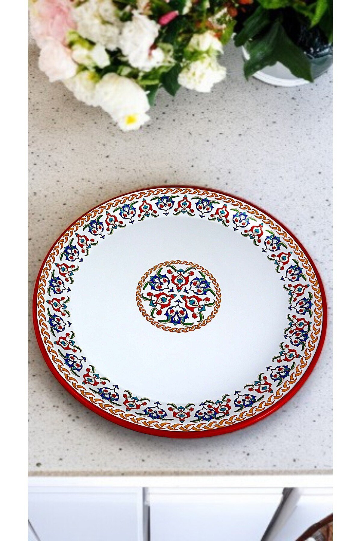 50 No kırmızı kenar Emaye Sini Sofra, Yemek Sunum Tepsi, Yer Sofrası Çinko ~48 Cm 1mm.KALIN ÜRÜN