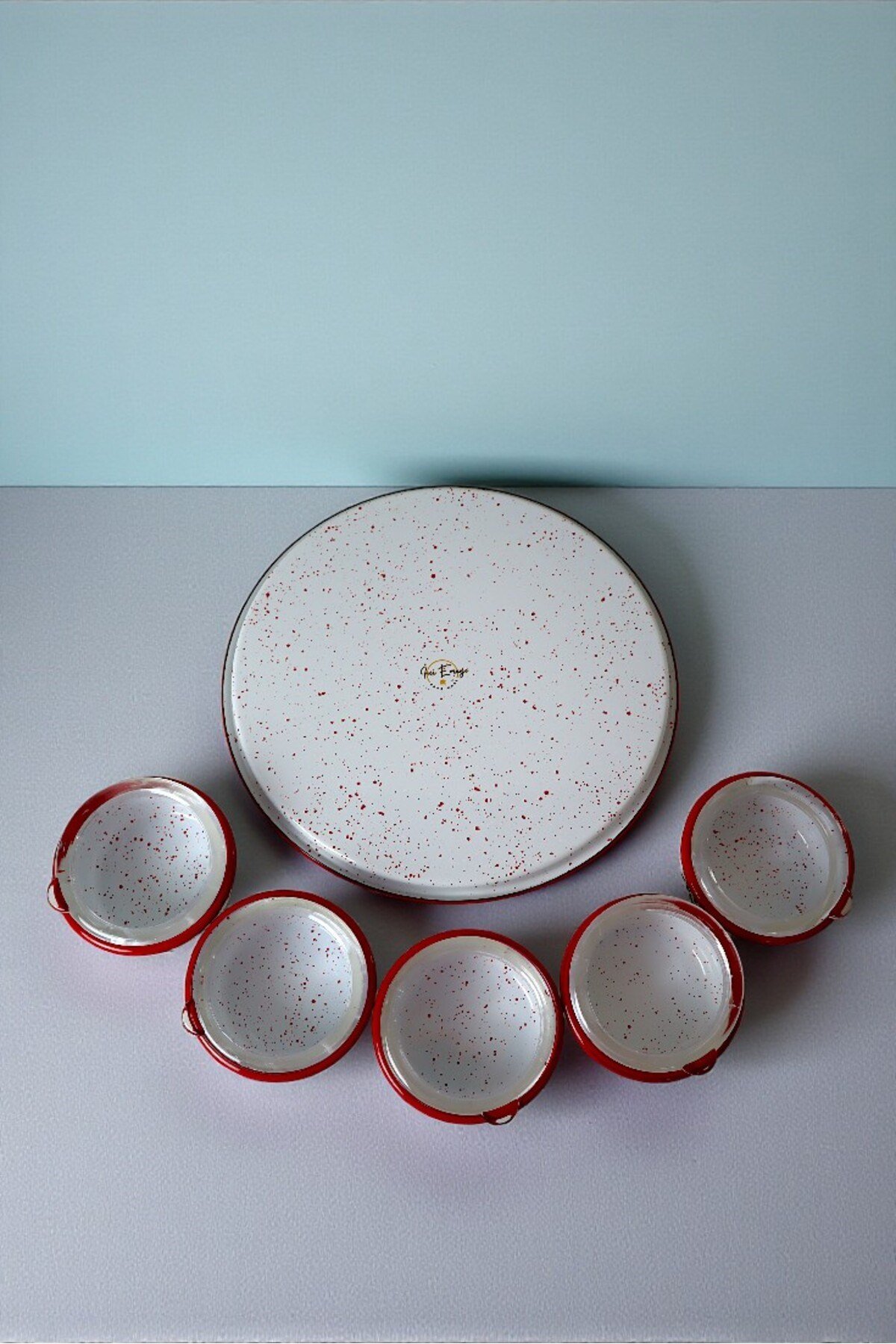 6 Parça Orta Boy,kapaklı,Desenli Emaye Kahvaltı Seti,Sunum,Kahvaltı Tabağı, Reçellik,Zeytin