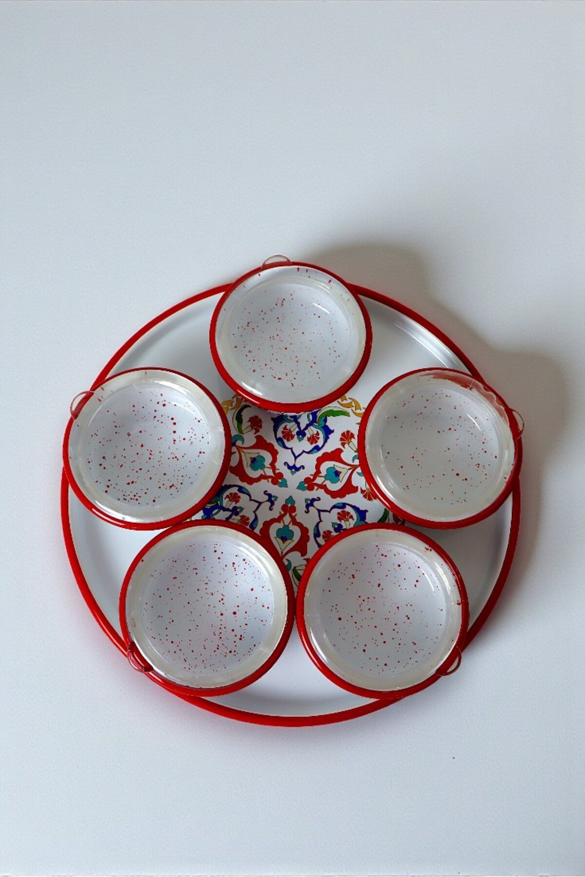 6 Parça Orta Boy,kapaklı,Desenli Emaye Kahvaltı Seti,Sunum,Kahvaltı Tabağı, Reçellik,Zeytin