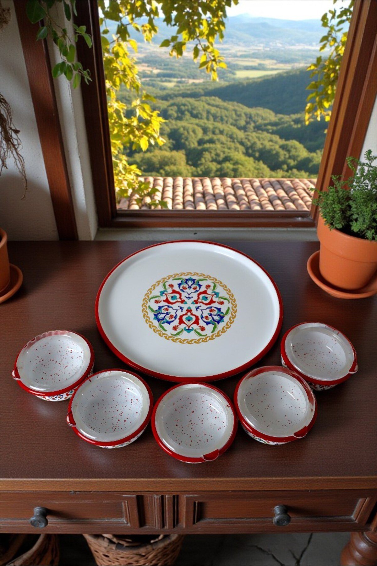 6 Parça Orta Boy,kapaklı,Desenli Emaye Kahvaltı Seti,Sunum,Kahvaltı Tabağı, Reçellik,Zeytin
