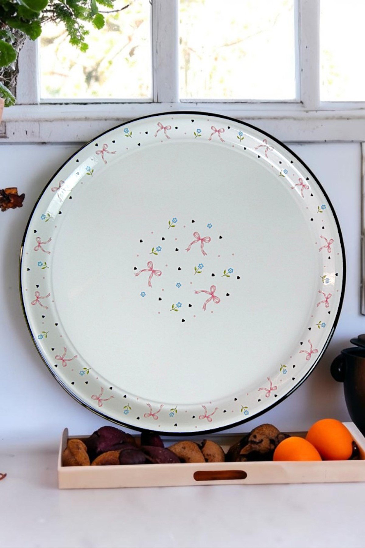 60 No Emaye Sini Sofra, Yemek Sunum Tepsi, Yer Sofrası Çinko ~58 Cm