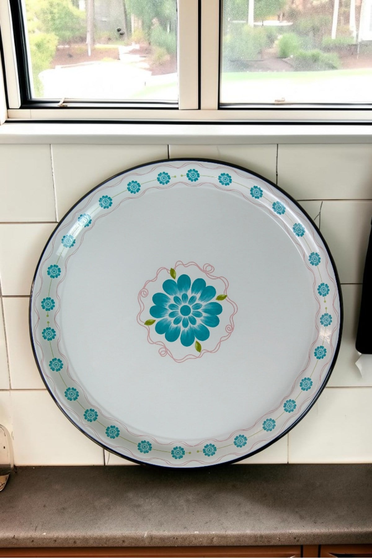 60 No Emaye Sini Sofra, Yemek Sunum Tepsi, Yer Sofrası Çinko ~58 Cm