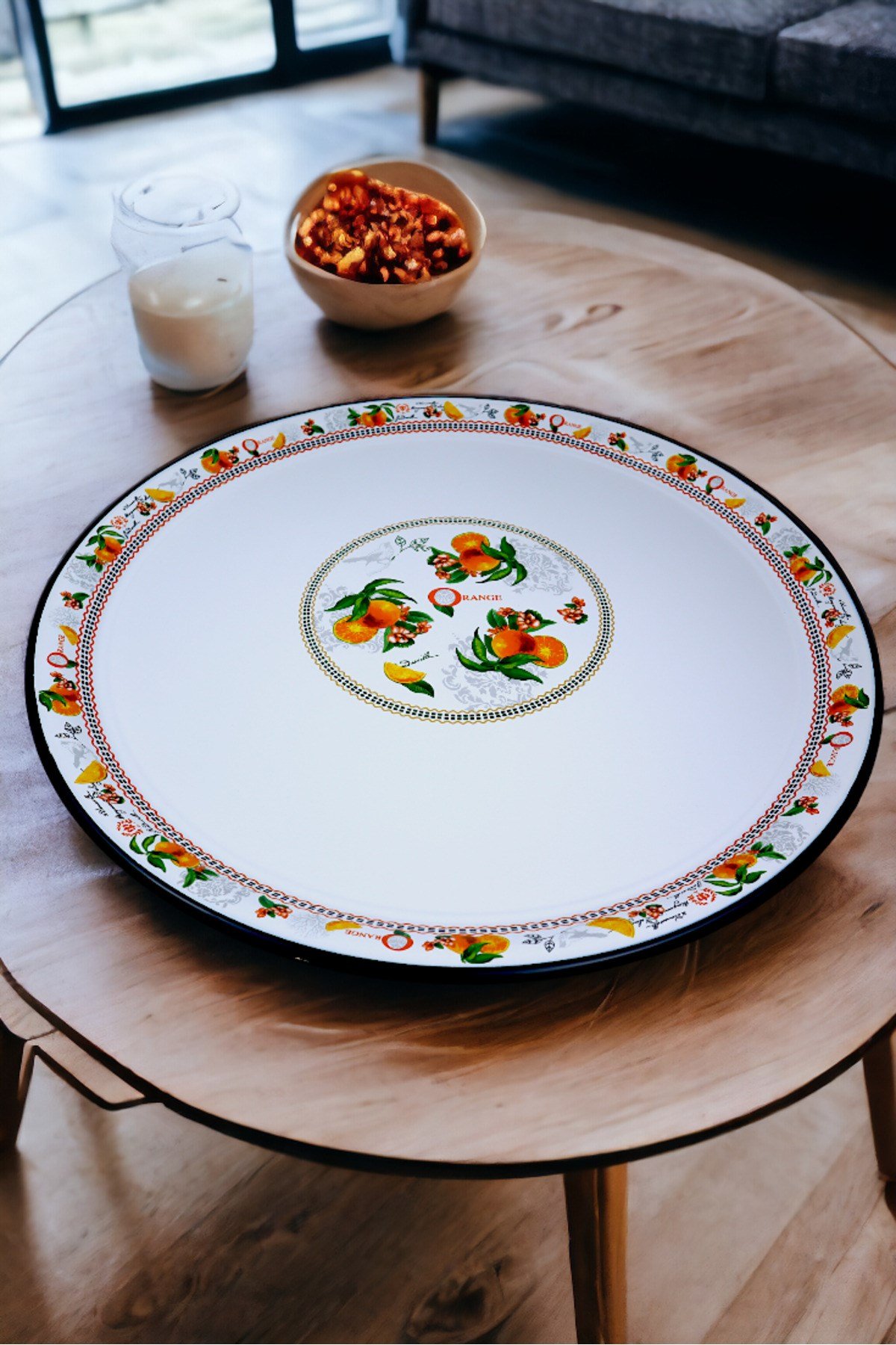 60 No Emaye Sini Sofra, Yemek Sunum Tepsi, Yer Sofrası Çinko ~58 Cm