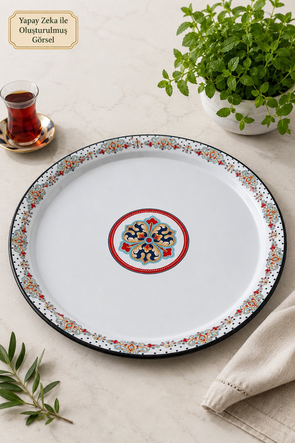 60 No Emaye Sini Sofra, Yemek Sunum Tepsi, Yer Sofrası Çinko ~58 Cm