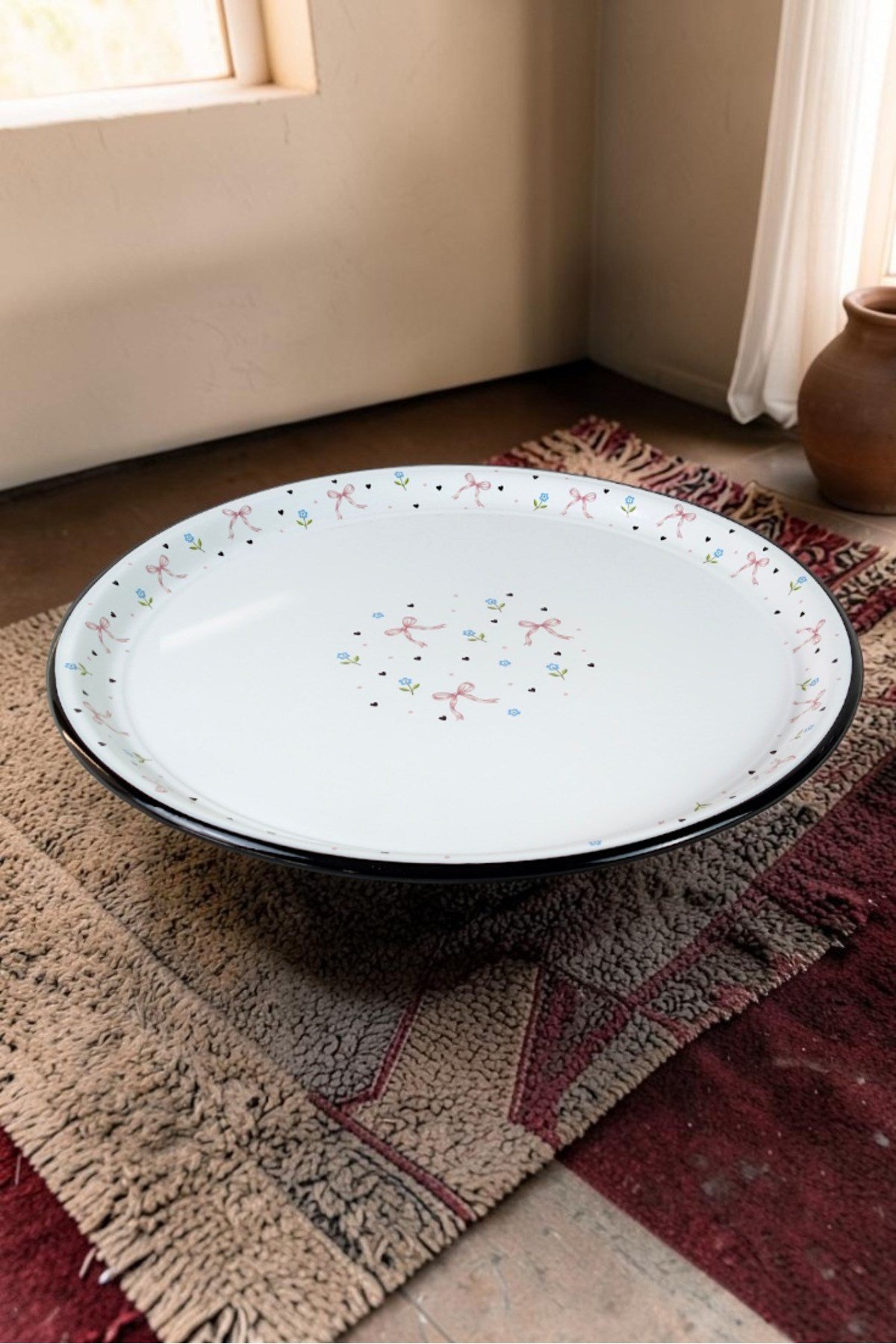 60 No Emaye Sini Sofra, Yemek Sunum Tepsi, Yer Sofrası Çinko ~58 Cm