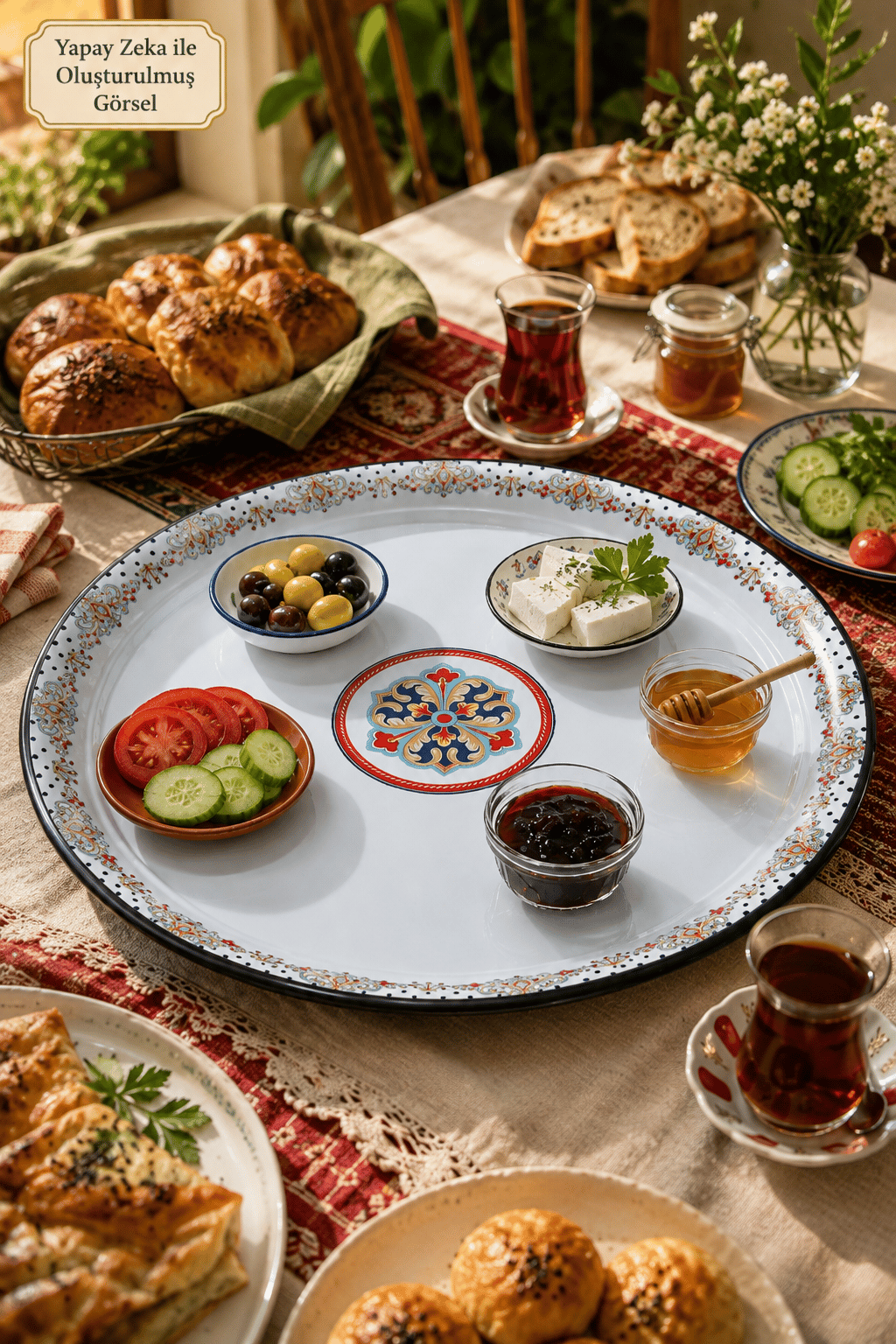 60 No Emaye Sini Sofra, Yemek Sunum Tepsi, Yer Sofrası Çinko ~58 Cm