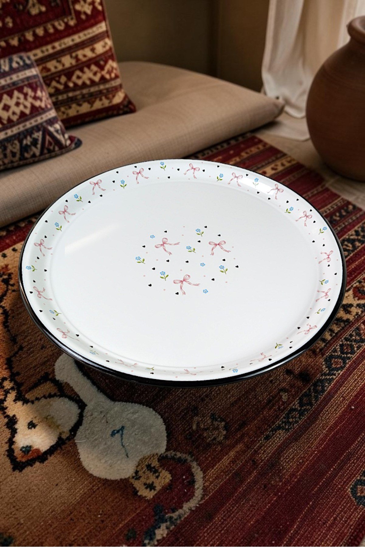 60 No Emaye Sini Sofra, Yemek Sunum Tepsi, Yer Sofrası Çinko ~58 Cm