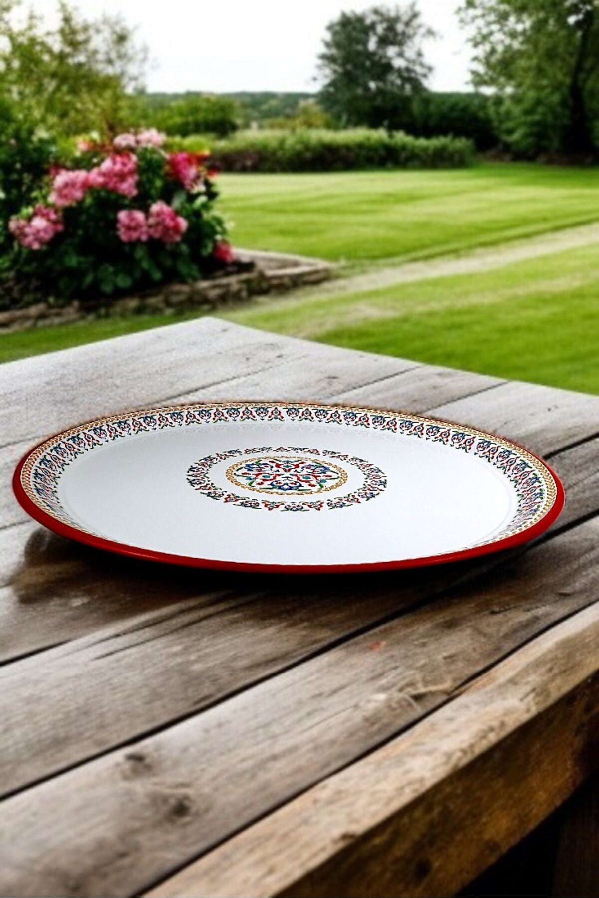 60 No kırmızı kenar Emaye Sini Sofra, Yemek Sunum Tepsi, Yer Sofrası Çinko ~58 Cm 1mm KALIN ÜRÜN