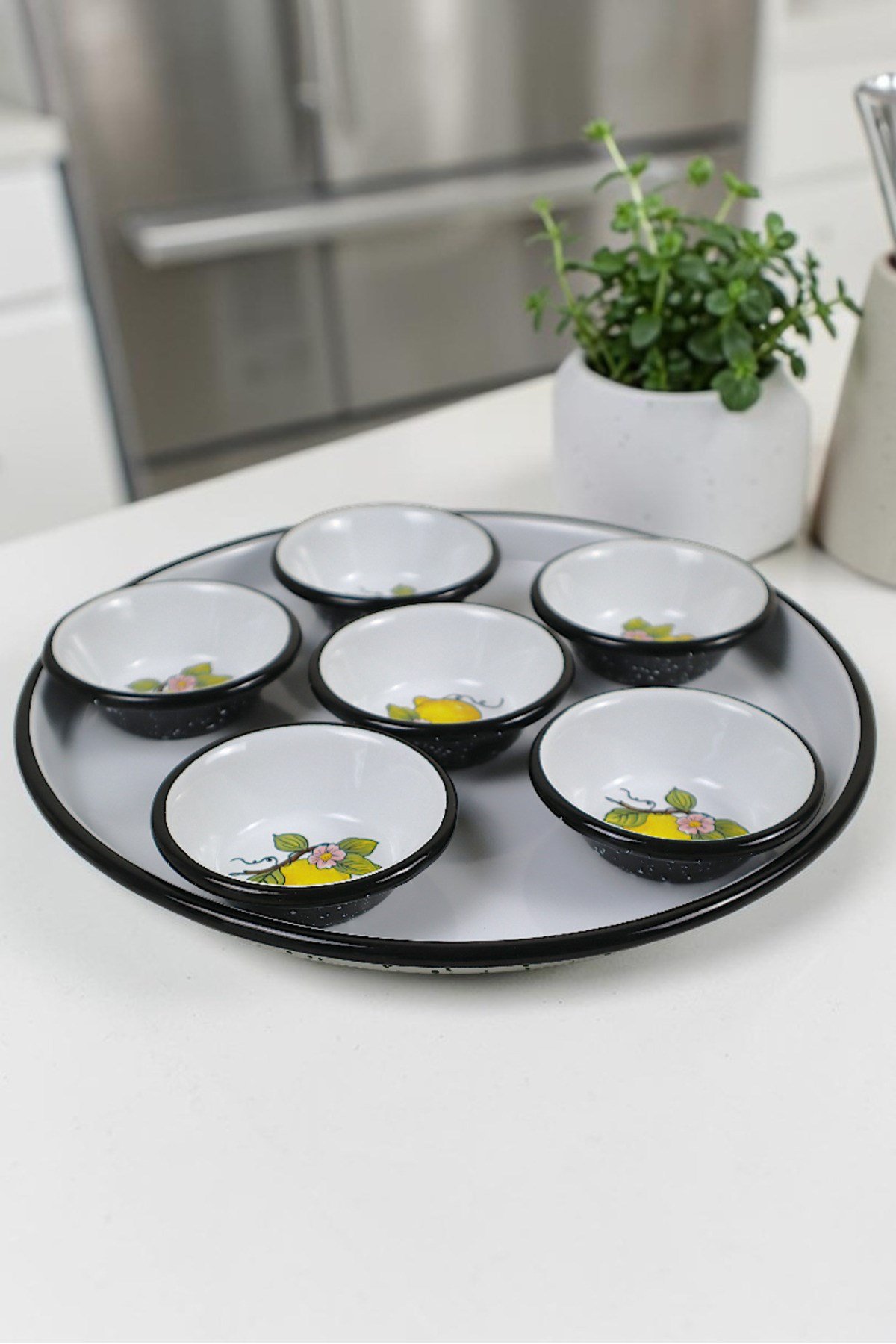 7 Parça Emaye Kahvaltı Seti, Sunum, Kahvaltı Tabağı, Reçellik, Zeytin, Peynir Tabağı, Çeyiz, Hediye