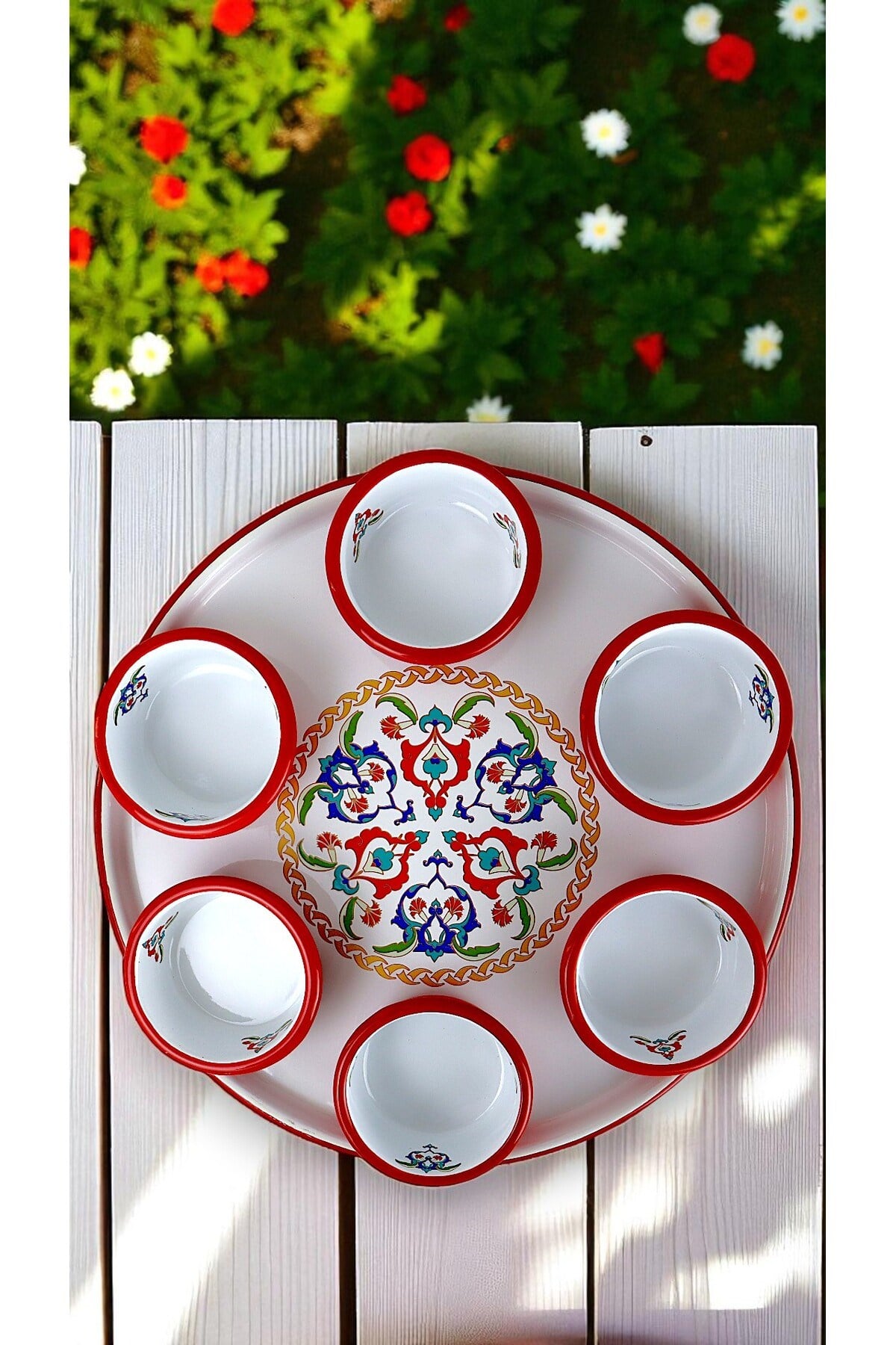 7 Parça Orta Boy Desenli Emaye Kahvaltı Seti,Sunum,Kahvaltı Tabağı, Reçellik,Zeytin, Peynir Tabağı