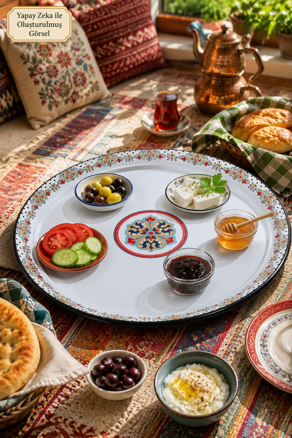 70 No Emaye Sini Sofra, Yemek Sunum Tepsi, Yer Sofrası Çinko ~68 Cm