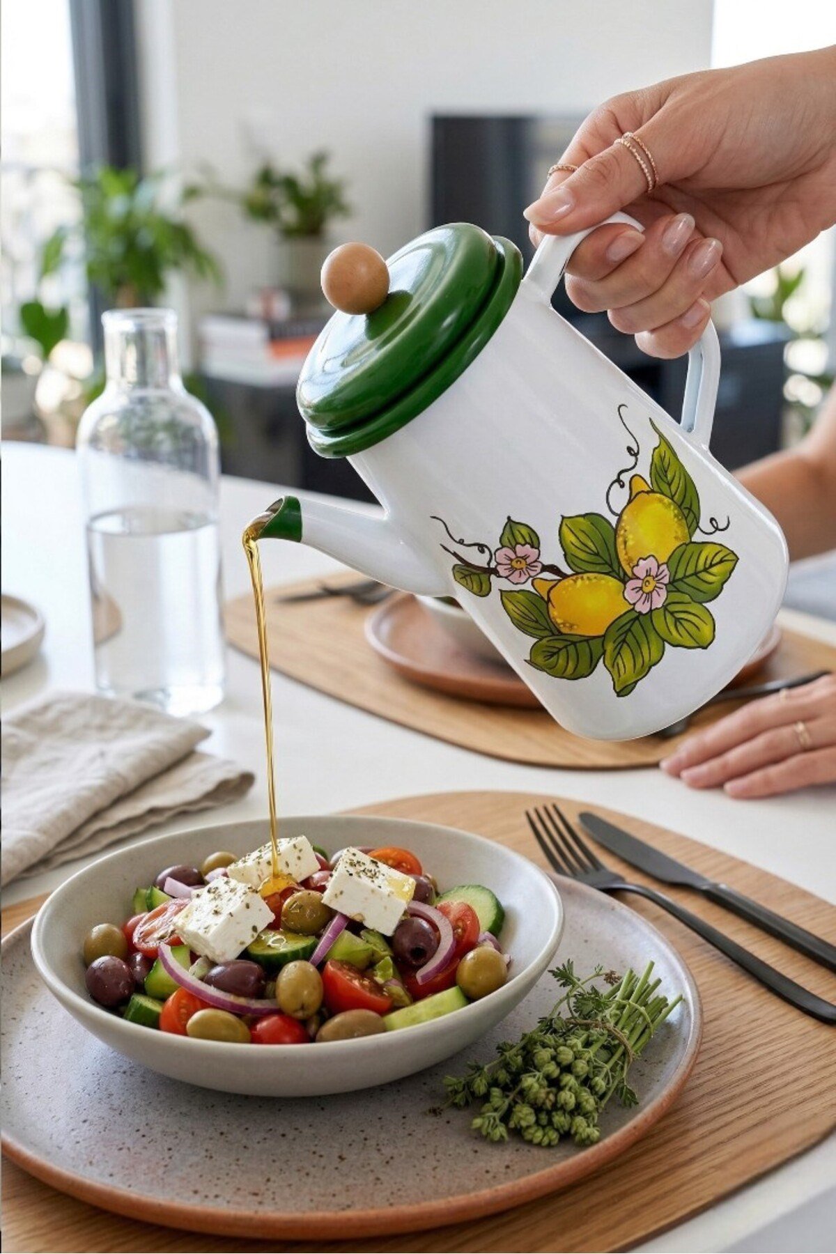 Limon Desen Yeşil Kapak Yağdanlık, Kahve Demliği ,Çay Demliği , Kahve Potu , Kamp Demliği ,Hediye