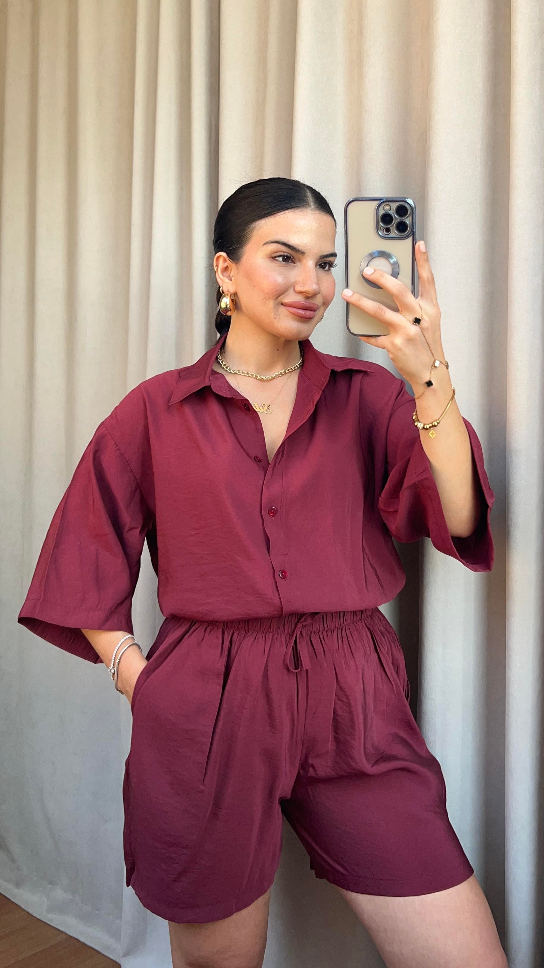 BORDO TULİP GÖMLEK ŞORT TAKIM
