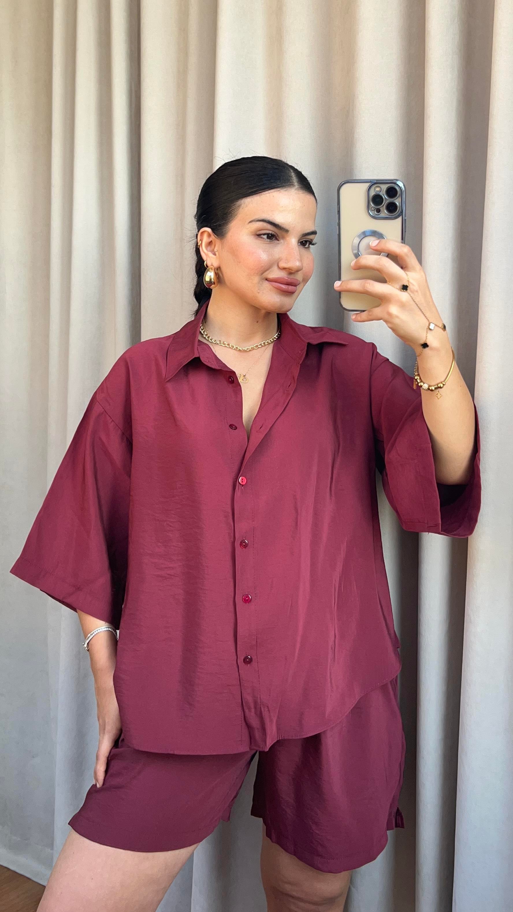 BORDO TULİP GÖMLEK ŞORT TAKIM