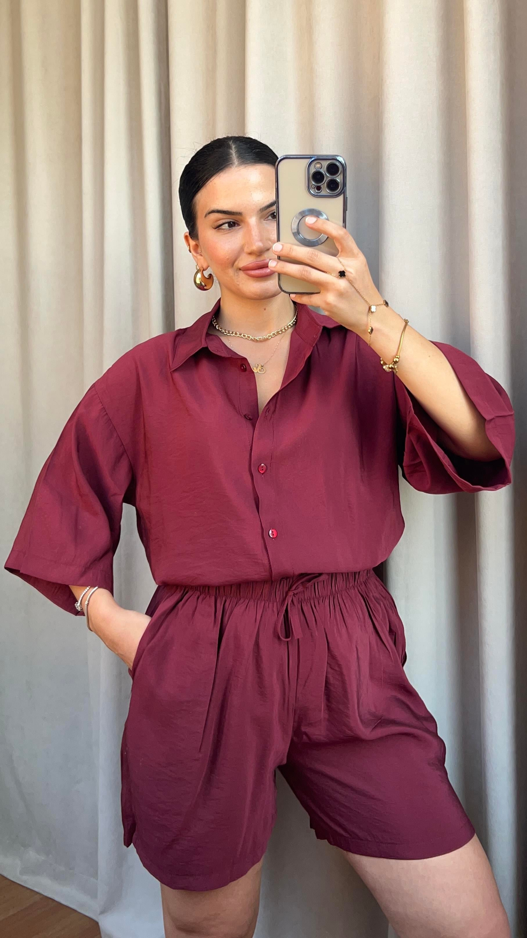 BORDO TULİP GÖMLEK ŞORT TAKIM