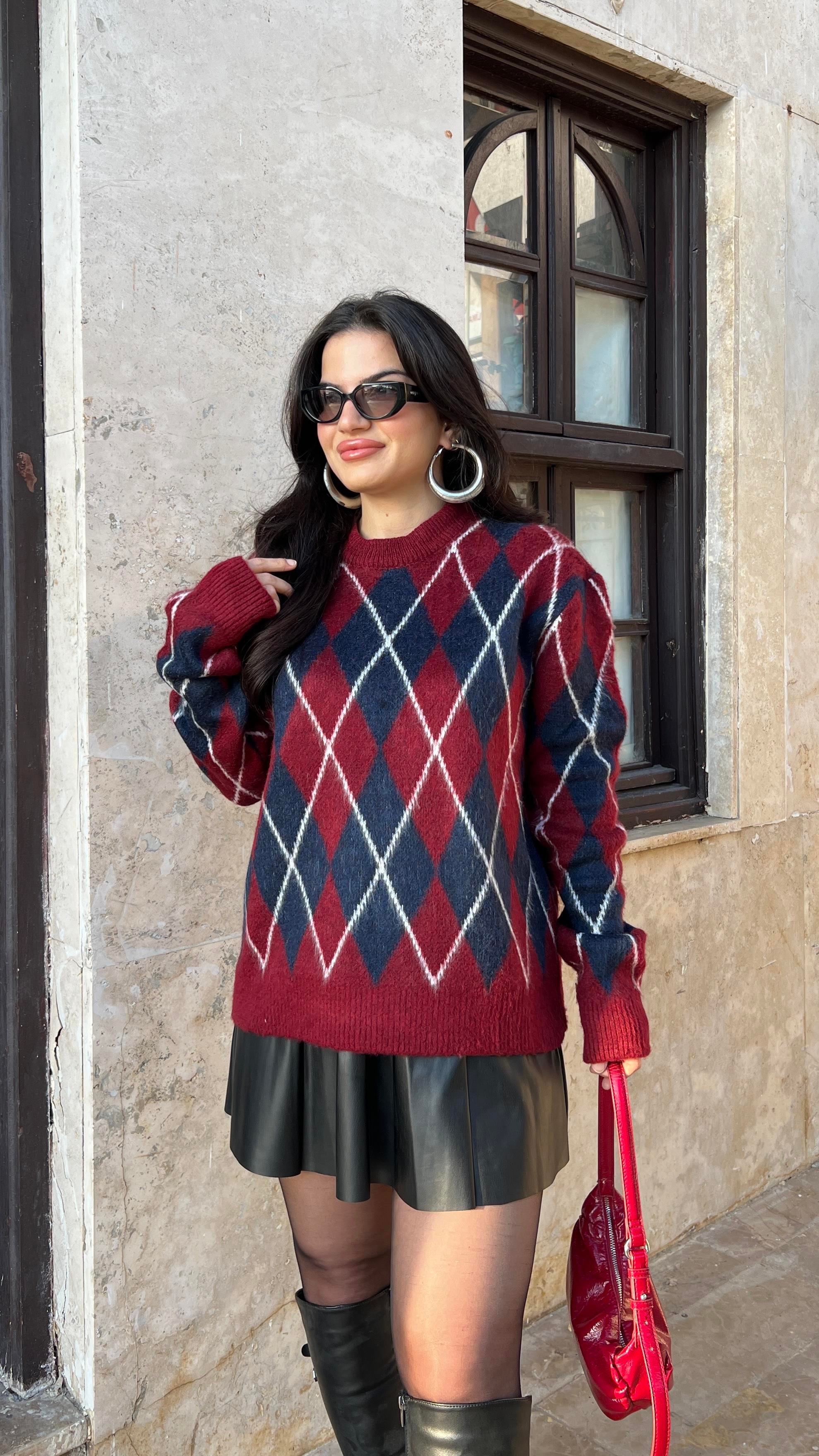 BORDO/LACİ ŞARDONLU BAKLAVA DESENLİ KAZAK
