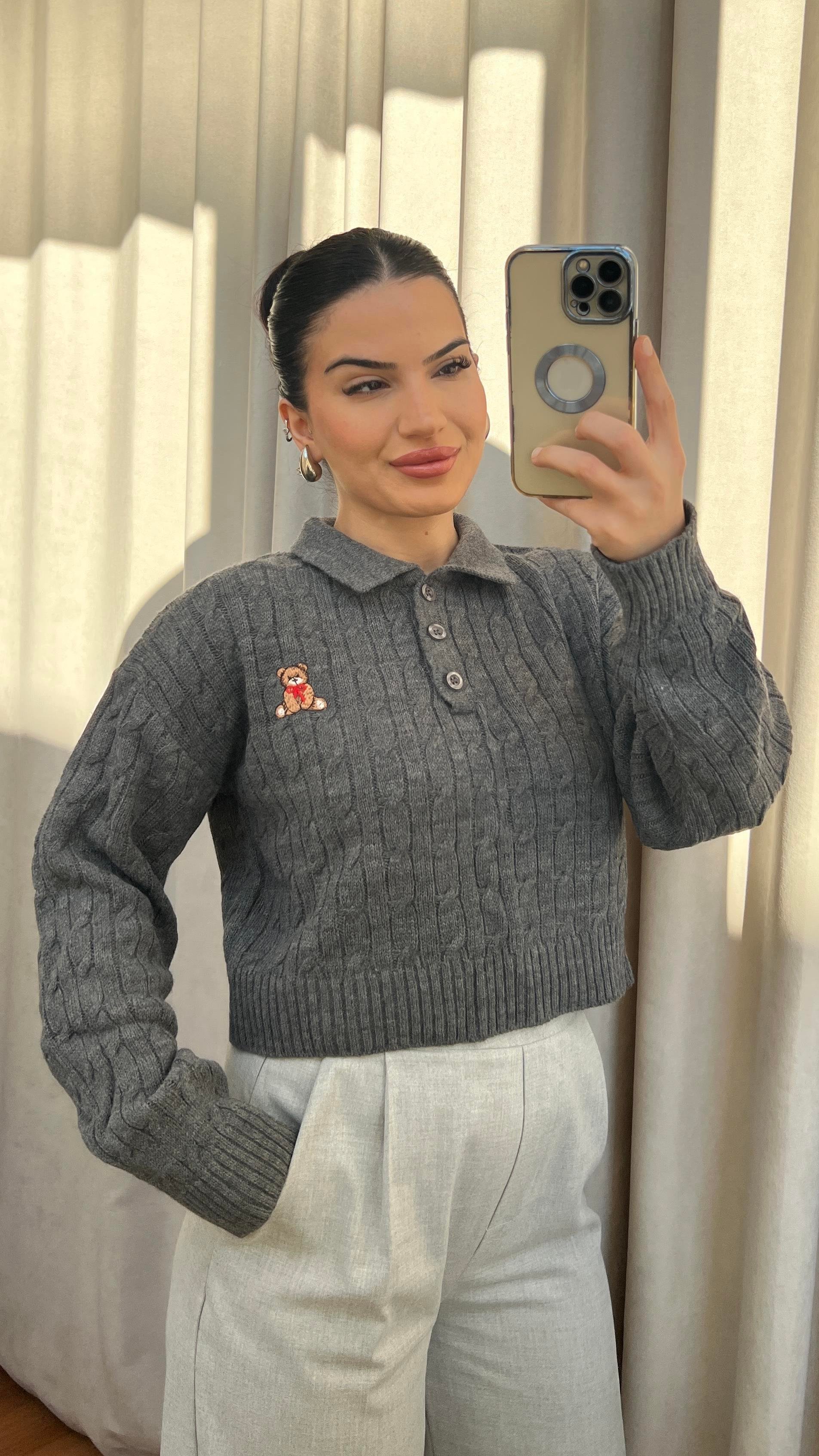 GRİ AYICIK DETAYLI KAZAK