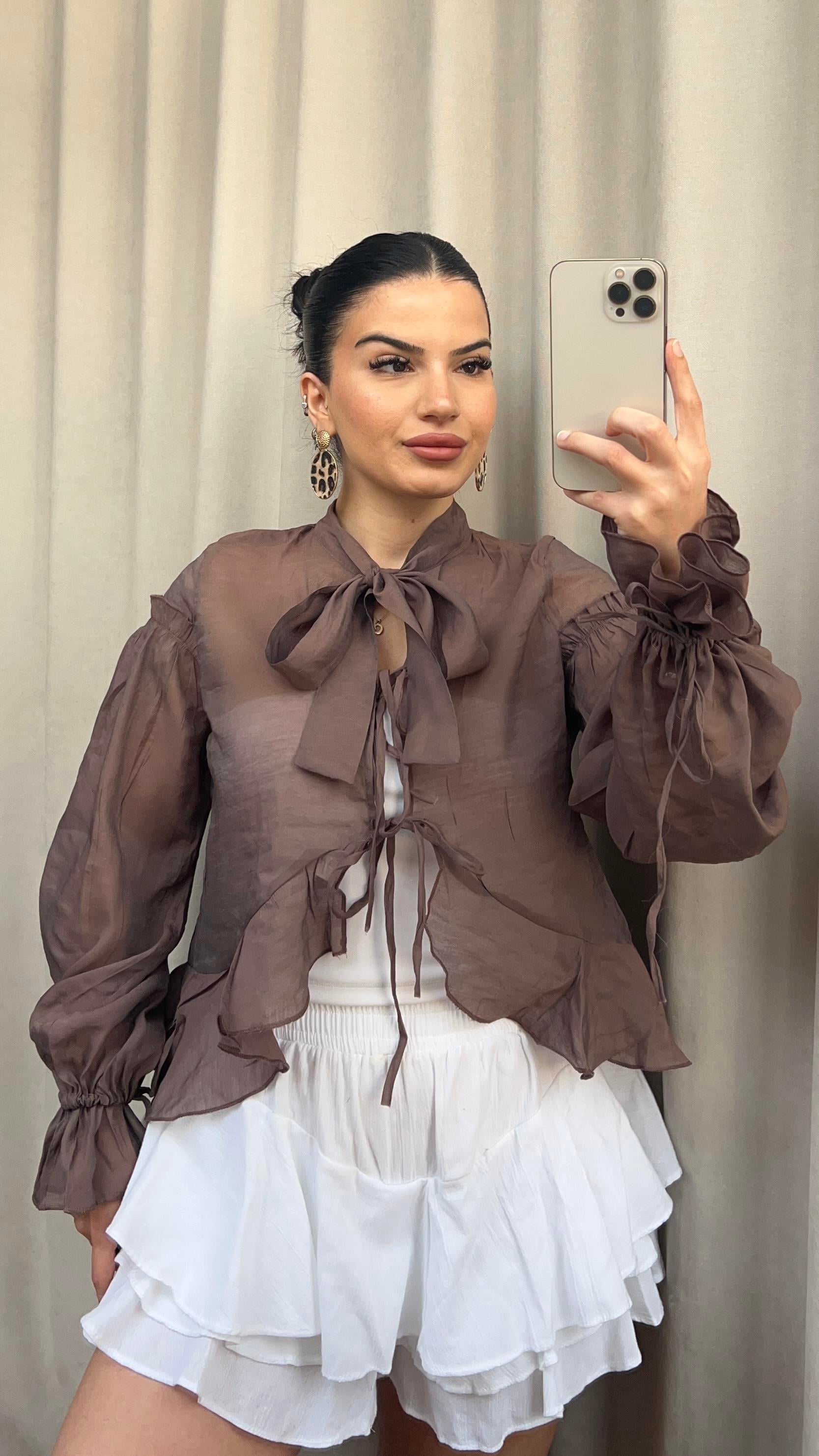 KAHVERENGİ BAĞLAMALI ŞİFON GÖMLEK