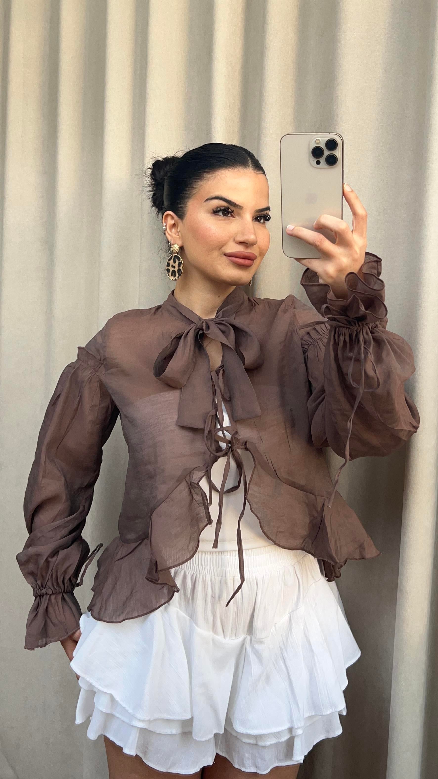 KAHVERENGİ BAĞLAMALI ŞİFON GÖMLEK
