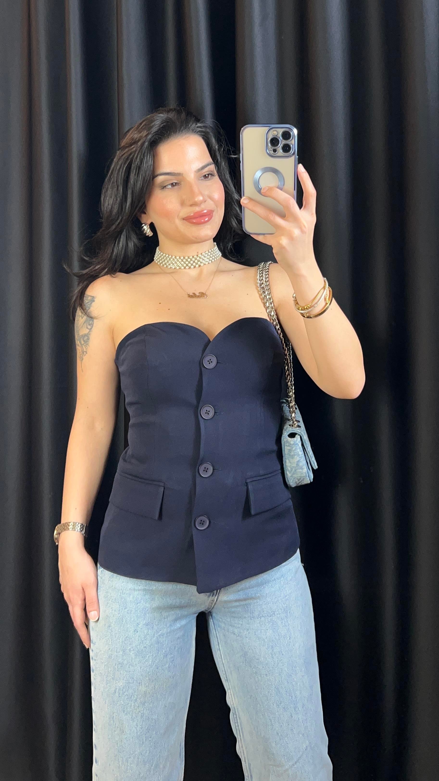 LACİVERT STRAPLEZ DÜĞMELİ  BLUZ