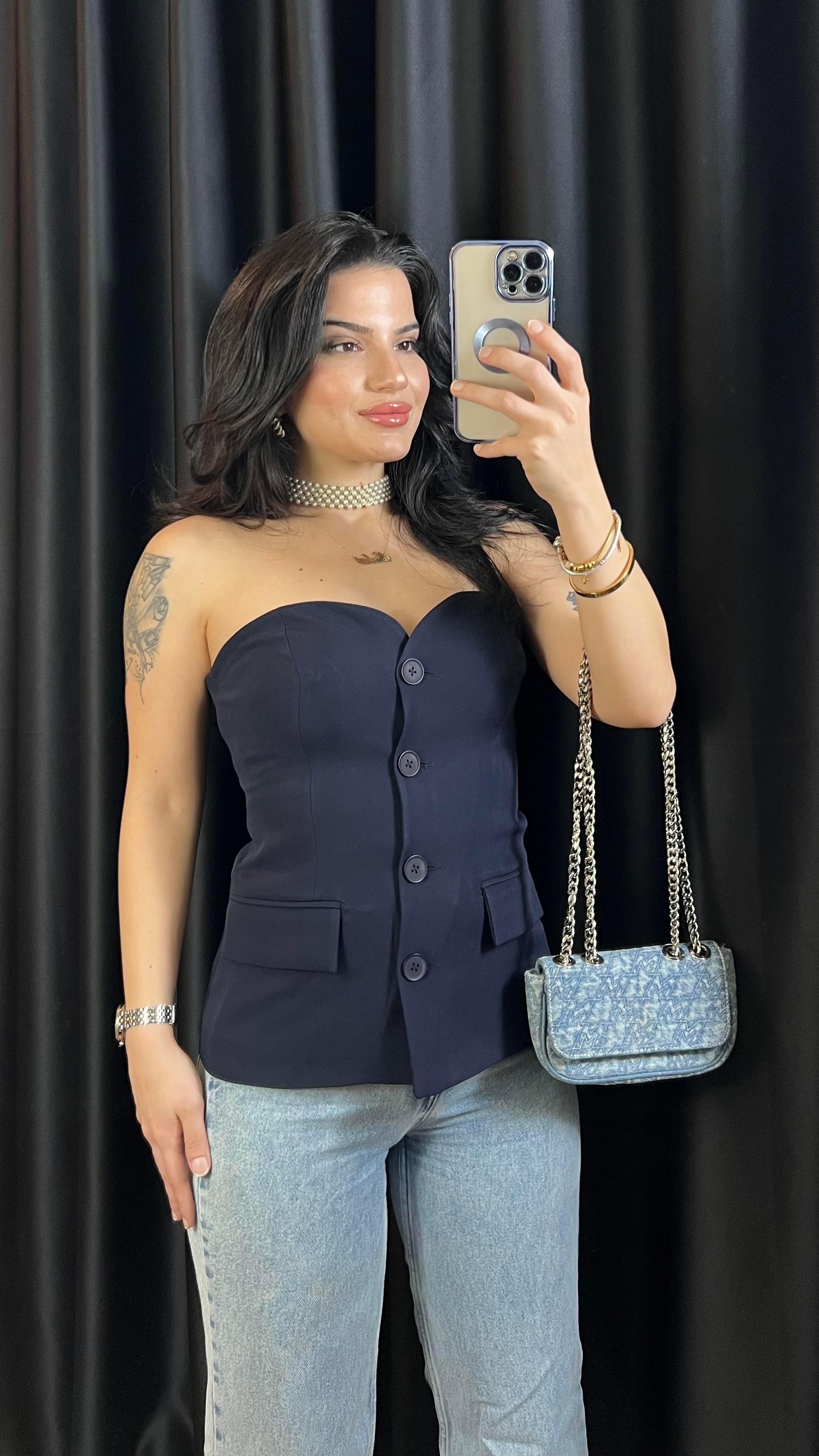 LACİVERT STRAPLEZ DÜĞMELİ  BLUZ