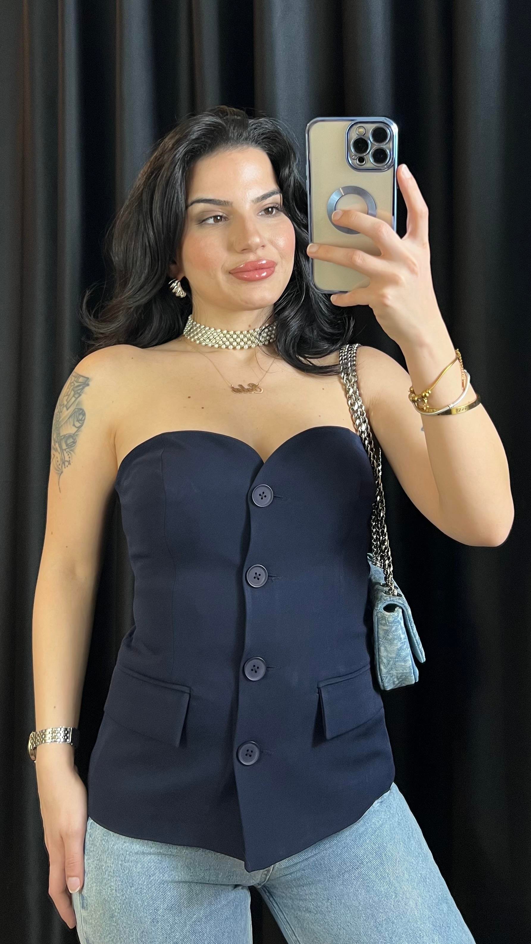 LACİVERT STRAPLEZ DÜĞMELİ  BLUZ